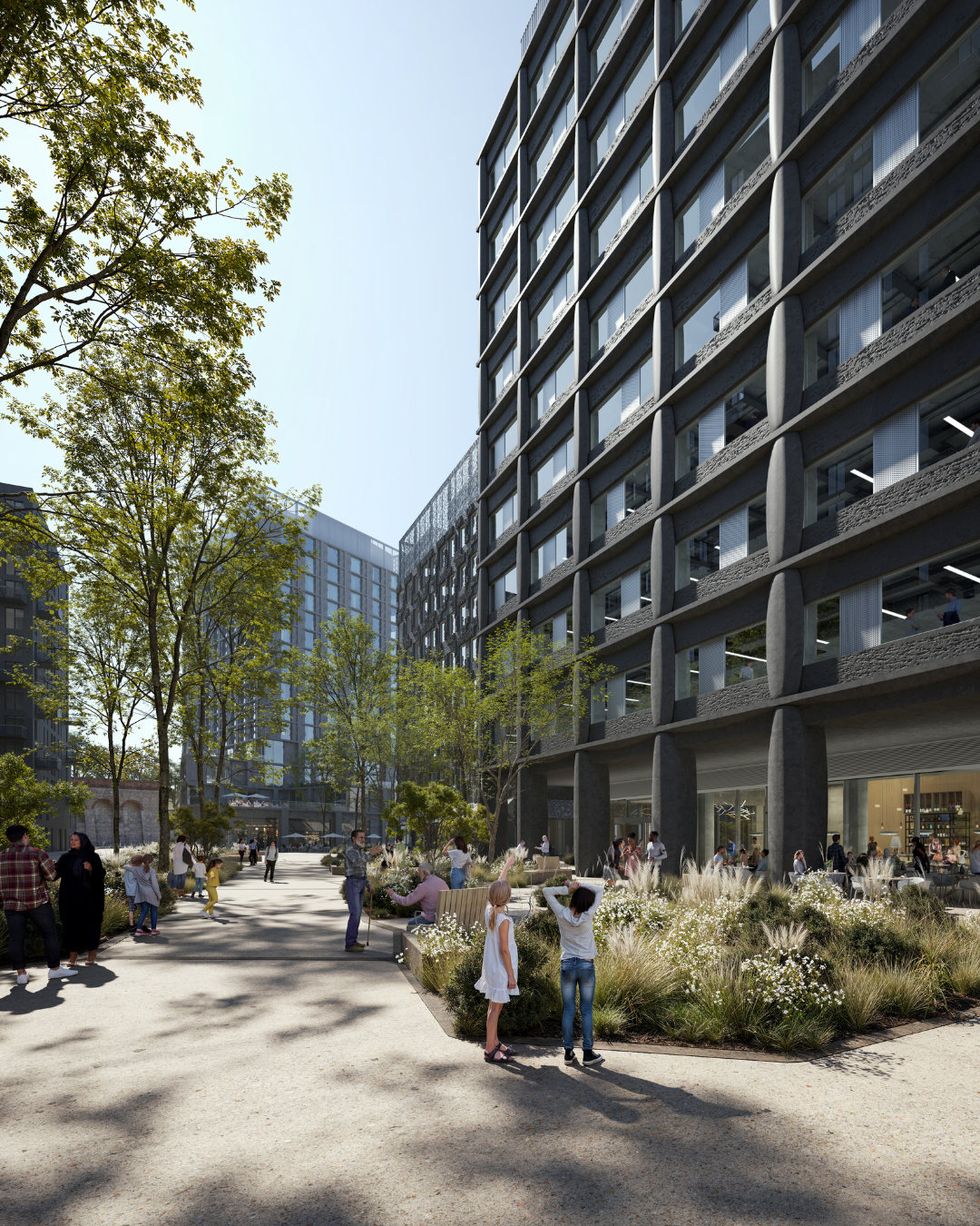 Modern urban courtyard with tall glass buildings, trees, plants, and people walking and socializing.