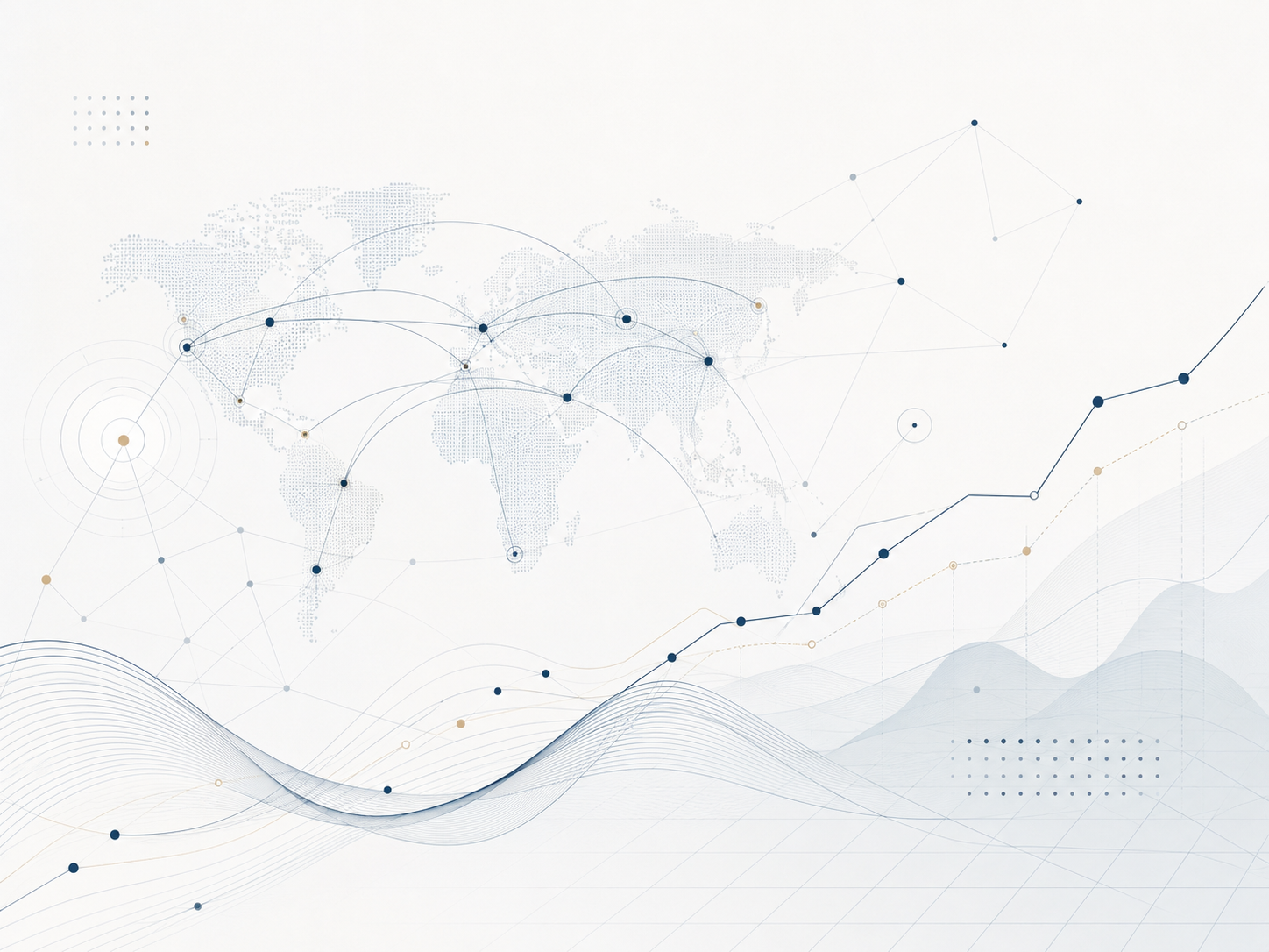 A digital illustration of a world map with connected nodes and lines, overlaid with abstract wave patterns and geometric shapes.