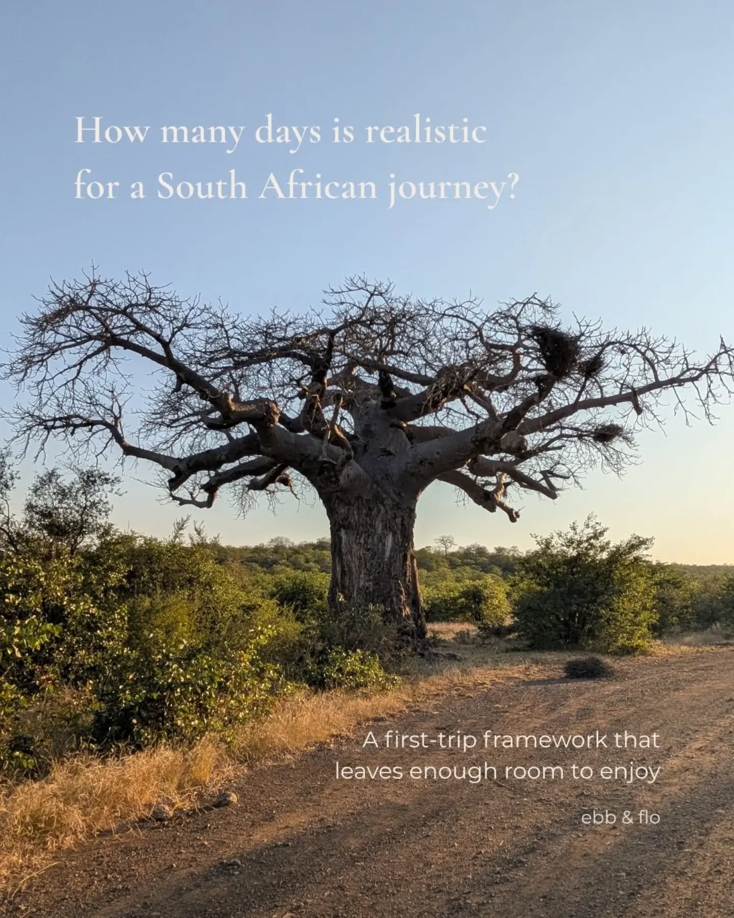 For a first South Africa trip, 10&ndash;12 days is a great starting point. Have a bit more time? Go ahead and make it 2 weeks.

You won&rsquo;t fit Cape Town, the Winelands, multiple parks and reserves, the Garden Route, KwaZulu-Natal and everything 