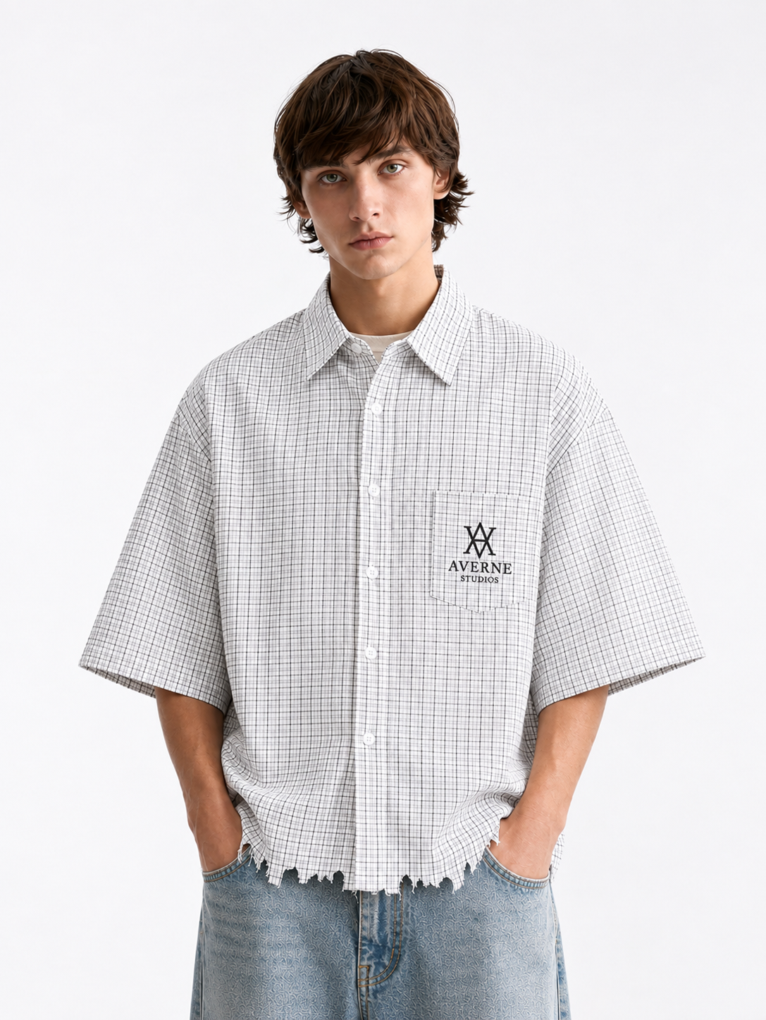 Plaid Distressed Button Up - White