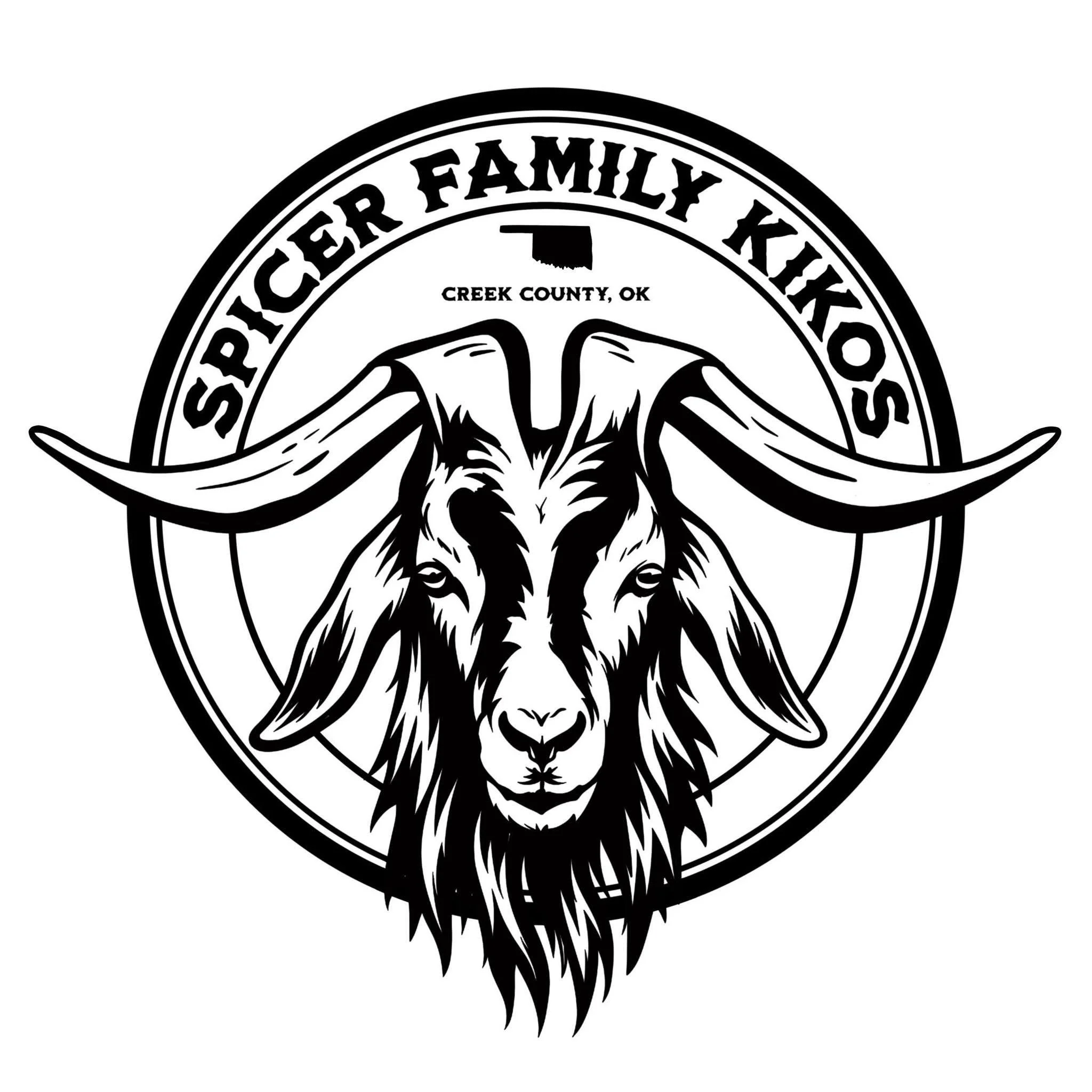 A black and white logo featuring a kiko goats head with Spicer Family kikos in creek county oklahoma