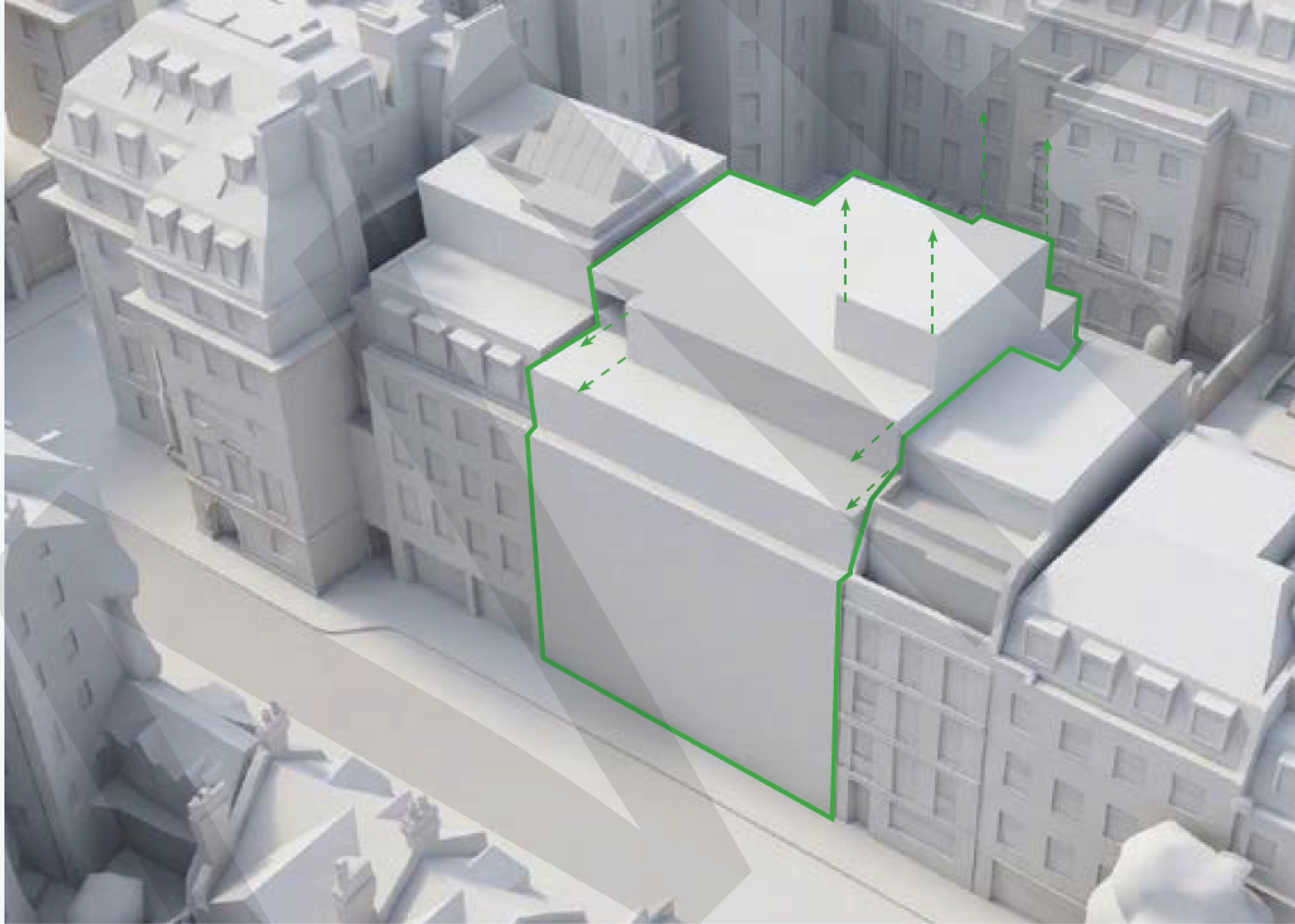  The façade is rearticulated within the existing footprint. The third-floor parapet aligns with the neighbouring buildings on&nbsp; either side. At fourth-floor level, the dormer window is extended laterally. The fifth-floor façade line is brought fo