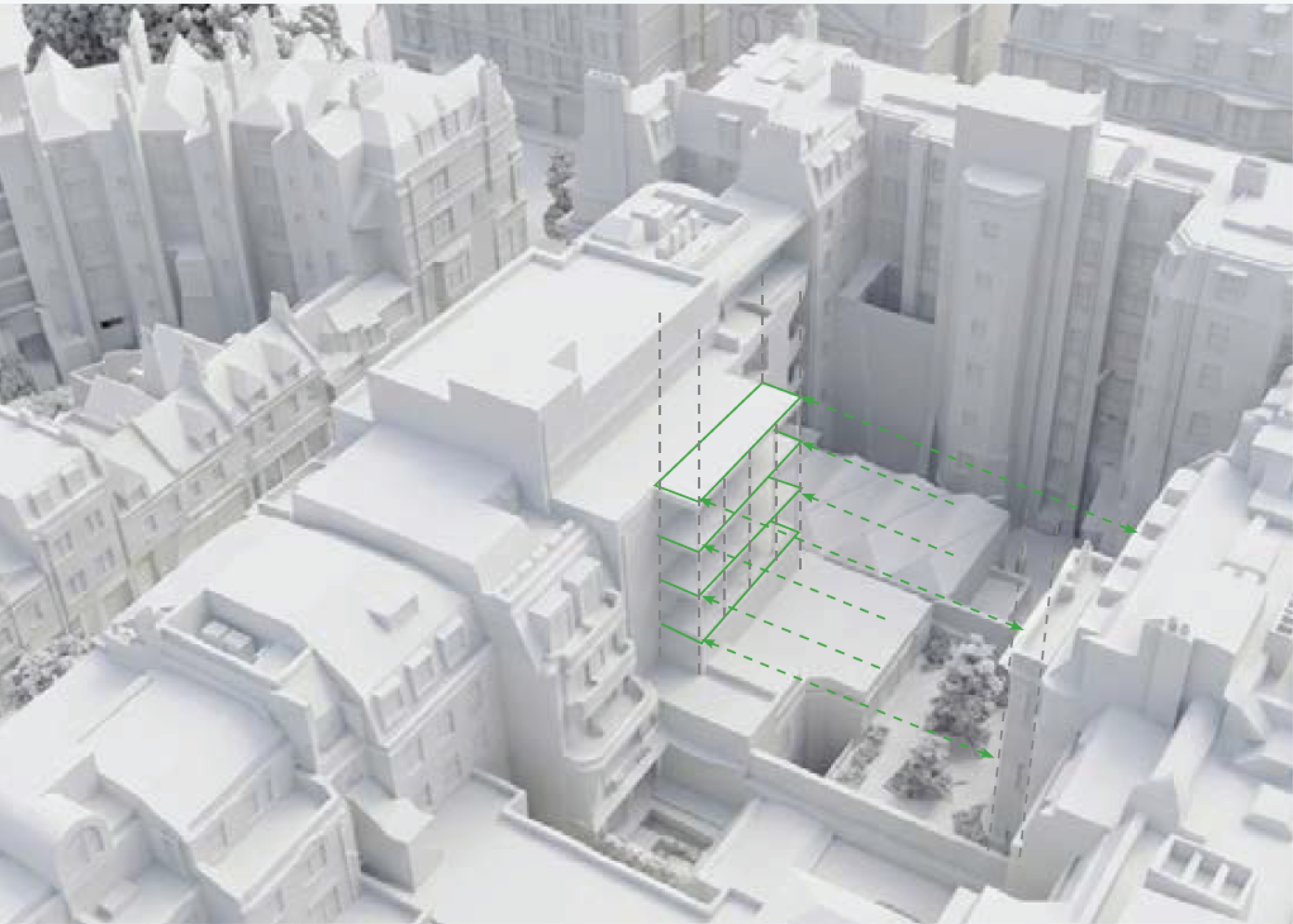  Introducing lightweight terraces supported by slender columns, reducing the perceived mass and providing a sensitive response to the surrounding context, with the terraces mirroring the form and tone of the adjacent embassy&nbsp; 