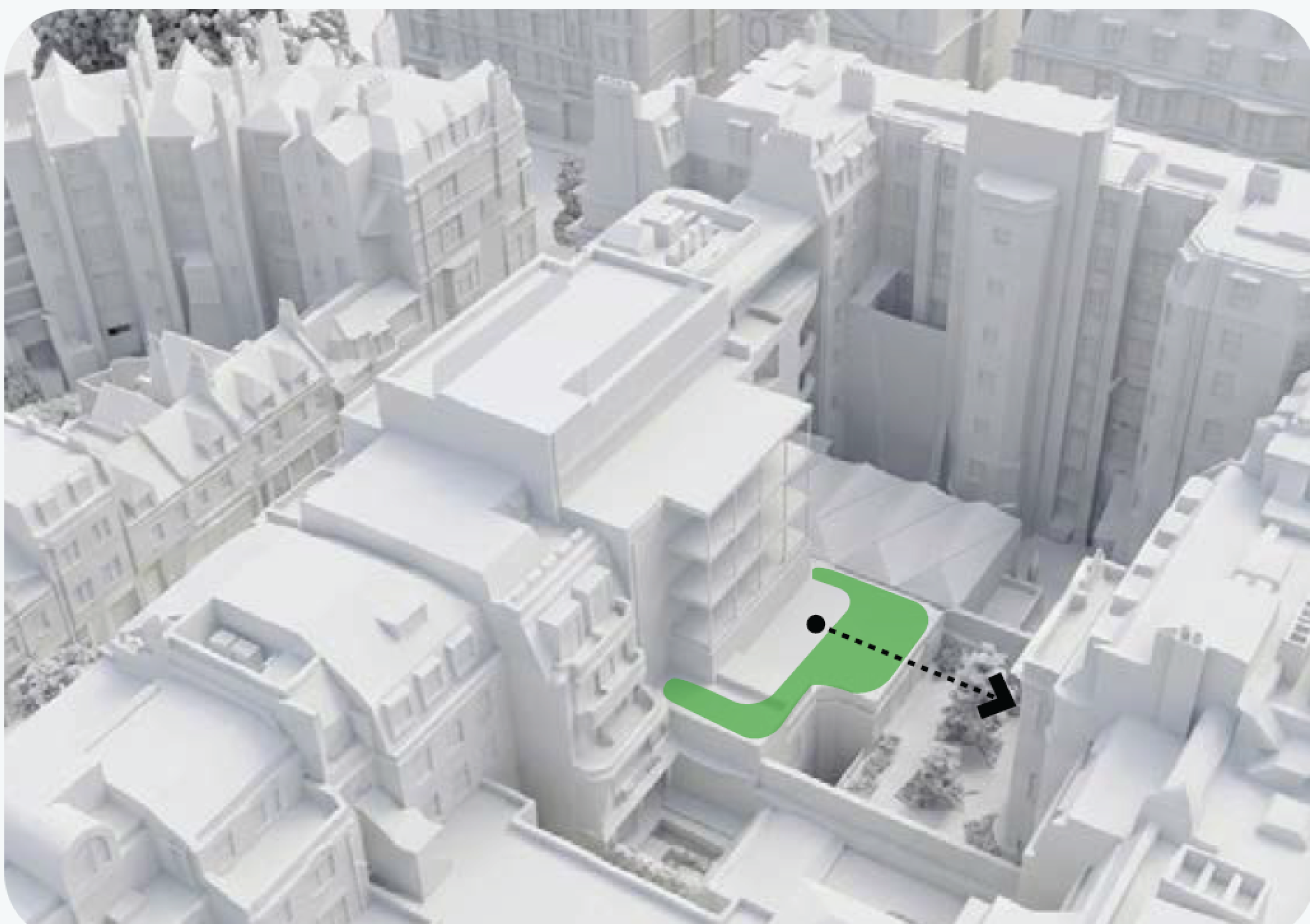  Buffer of skylights and integrated planters around the perimeter of the first floor terrace create acceptable distance from 44-46 Grosvenor St. 