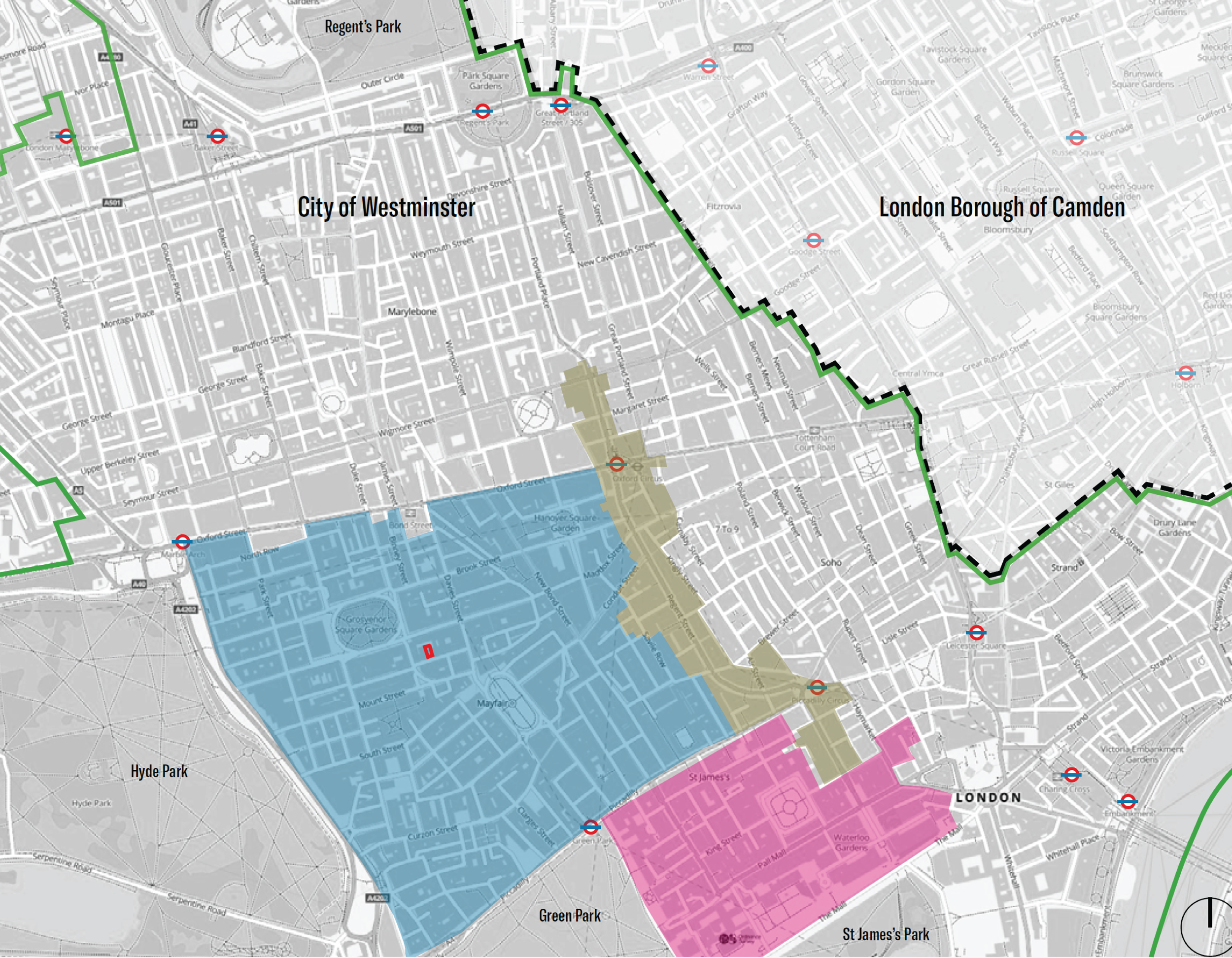 Map of central London showing neighborhoods, parks, the London Underground, and colored regions marking different areas.