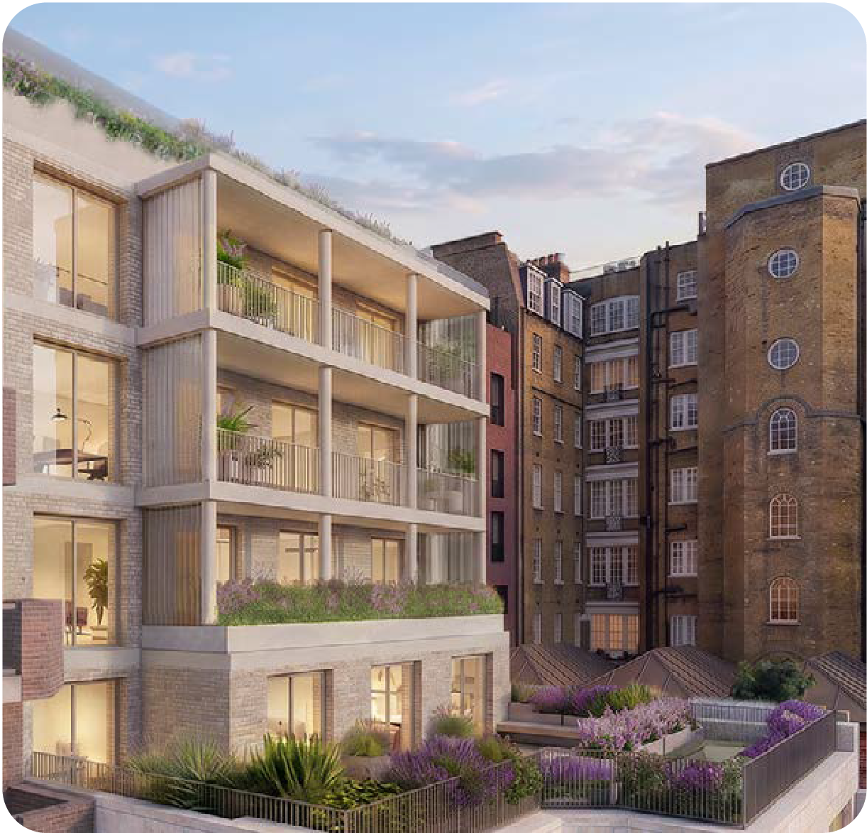 Modern residential building with balconies, large windows, and landscaped rooftop garden, surrounded by older brick buildings.