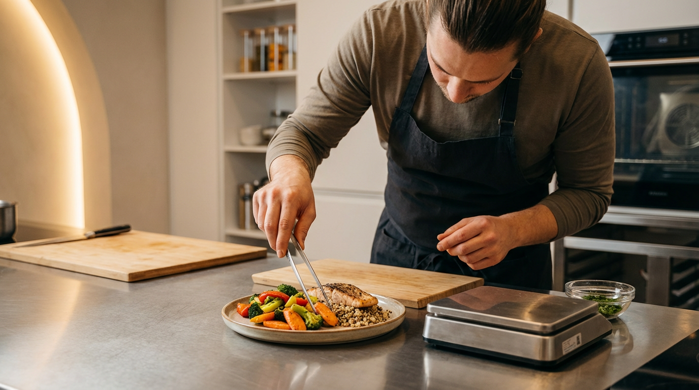 A person in a kitchen wearing a black apron preparing a plate of food, including grilled chicken, mixed vegetables, and quinoa or rice.