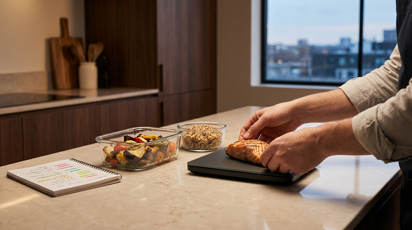 Person placing cooked salmon on a scale in a kitchen with a notebook, bowl of grains, and bowl of roasted vegetables on the countertop.