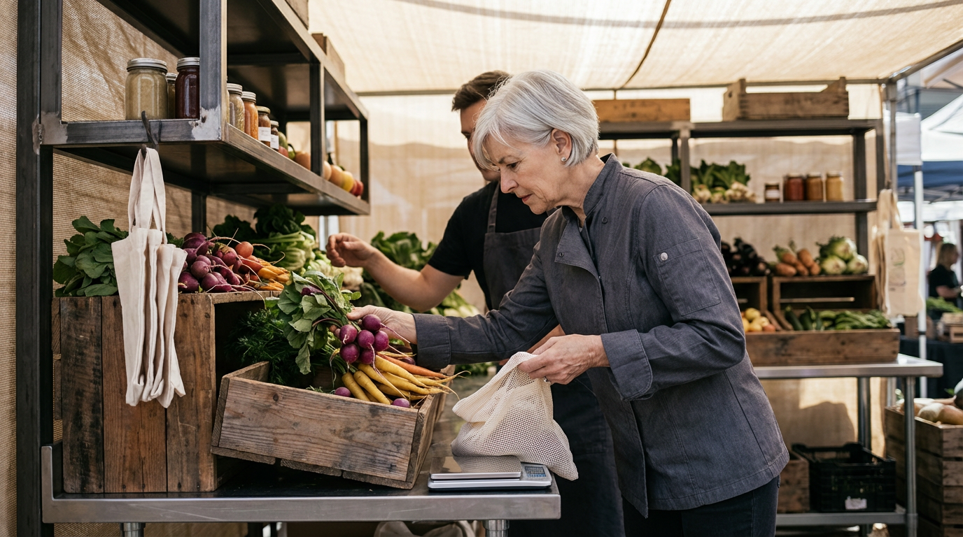 An older woman shopping for fresh vegetables at an outdoor market.