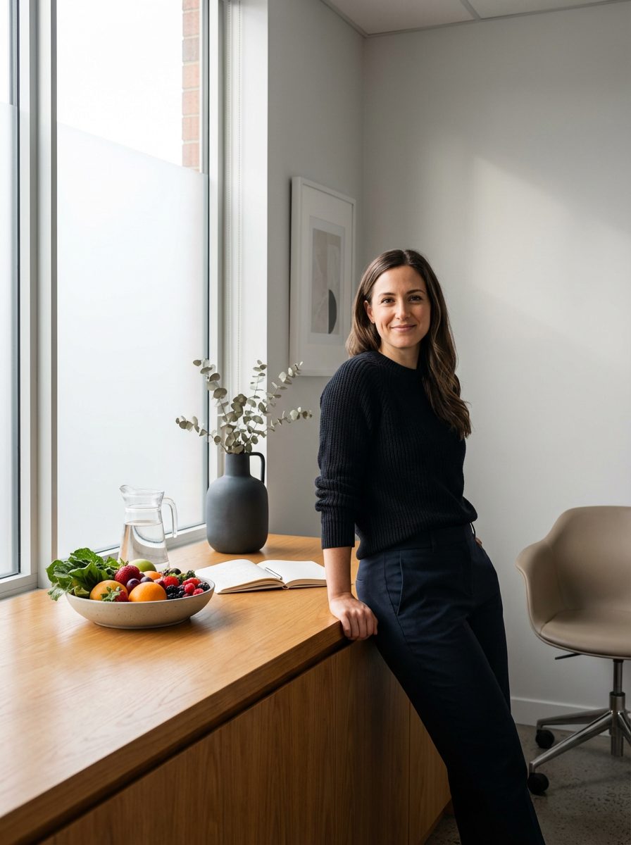 A woman standing by a wooden counter with a bowl of fresh fruit, a pitcher of water, an open book, and a vase with eucalyptus branches inside a modern, well-lit room with a large window.