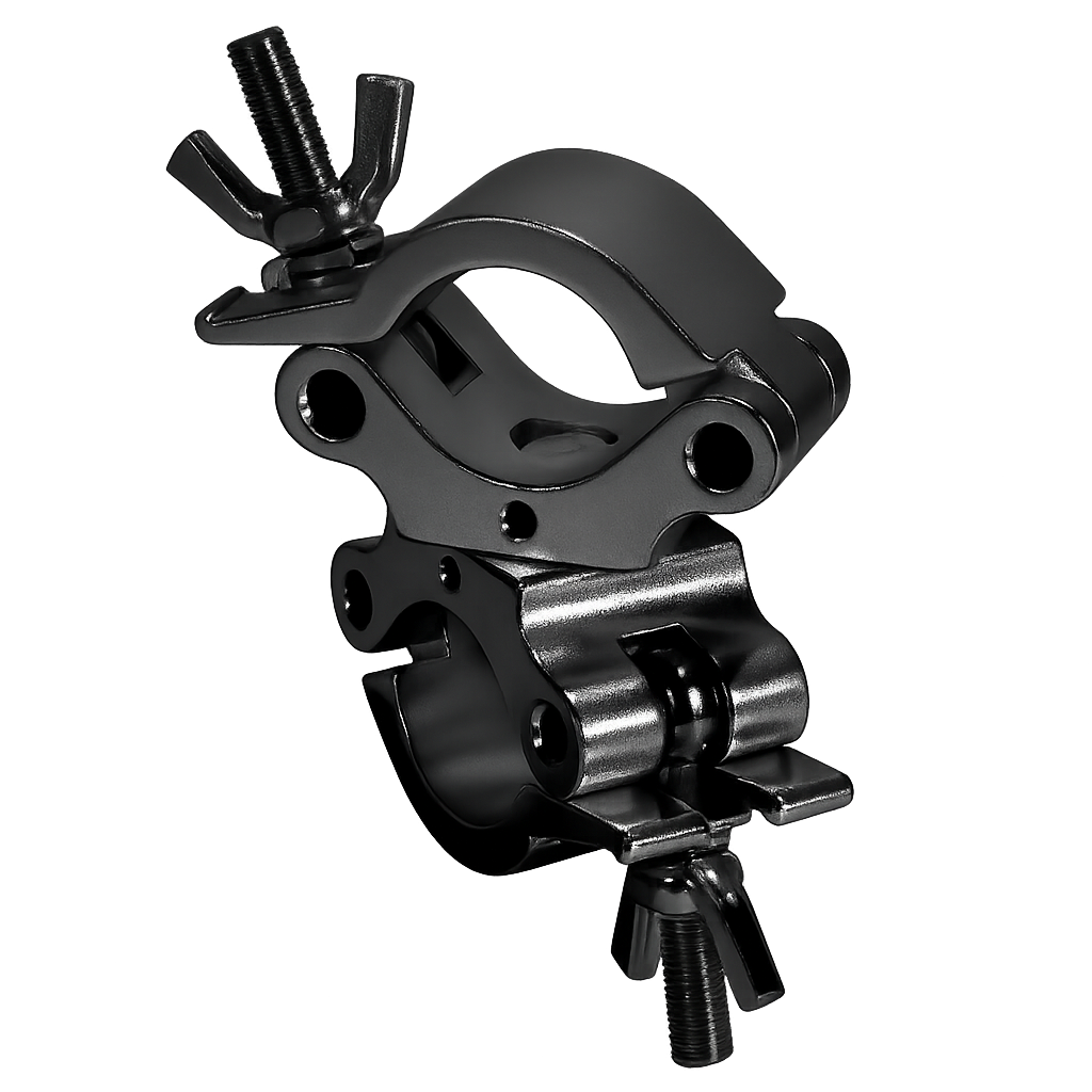 A black metal bicycle stem and handlebar clamp with bolts, isolated on a black background.
