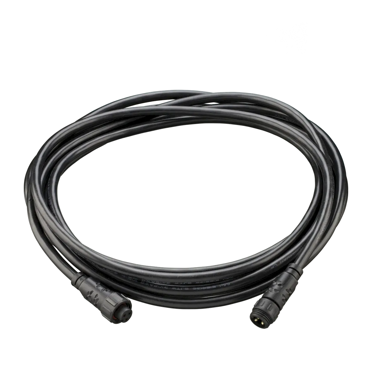 A coiled black power cable with industrial connectors on both ends.
