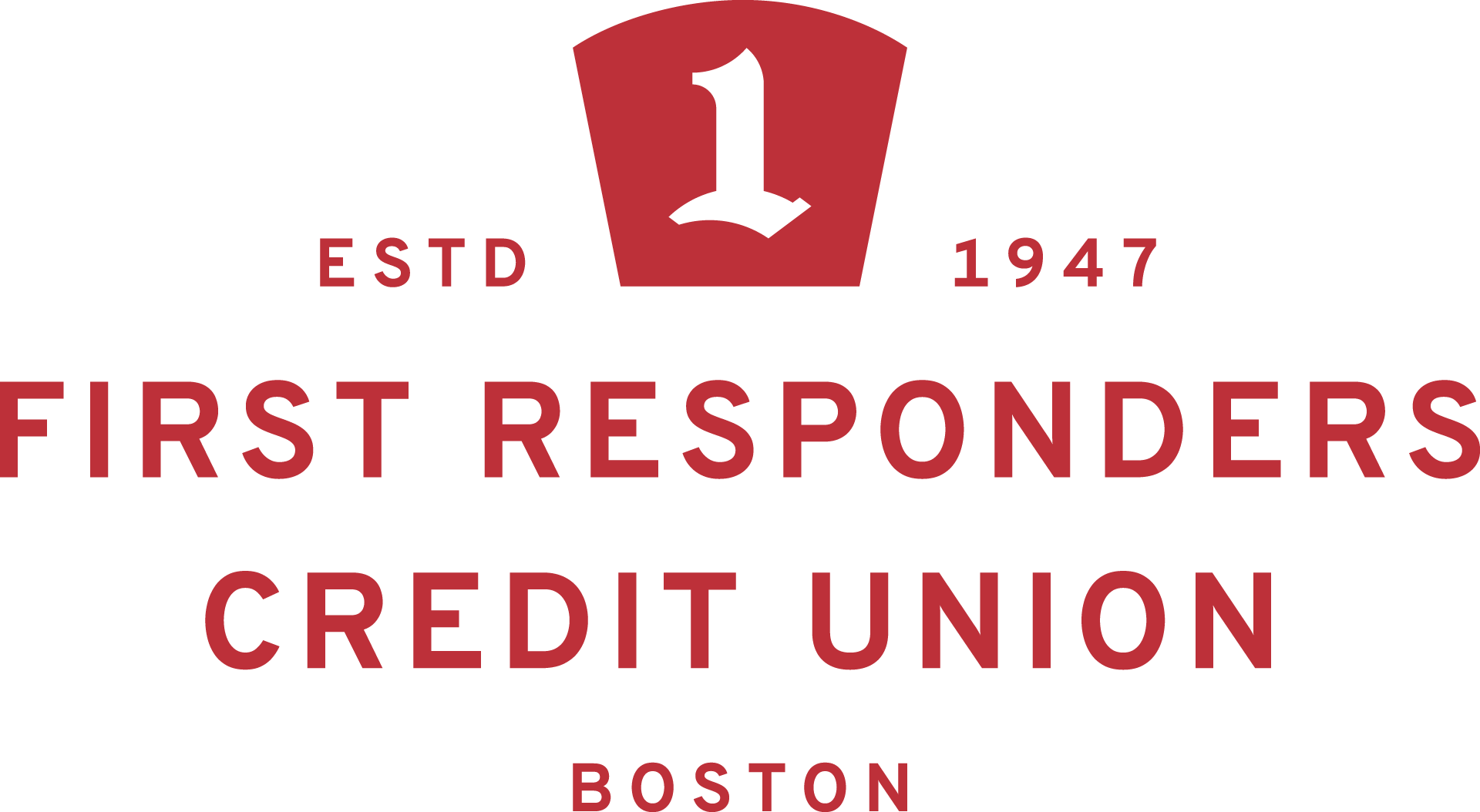 Logo for First Responders Credit Union with a stylized shield and the number 1, established in 1947, in maroon and black colors.