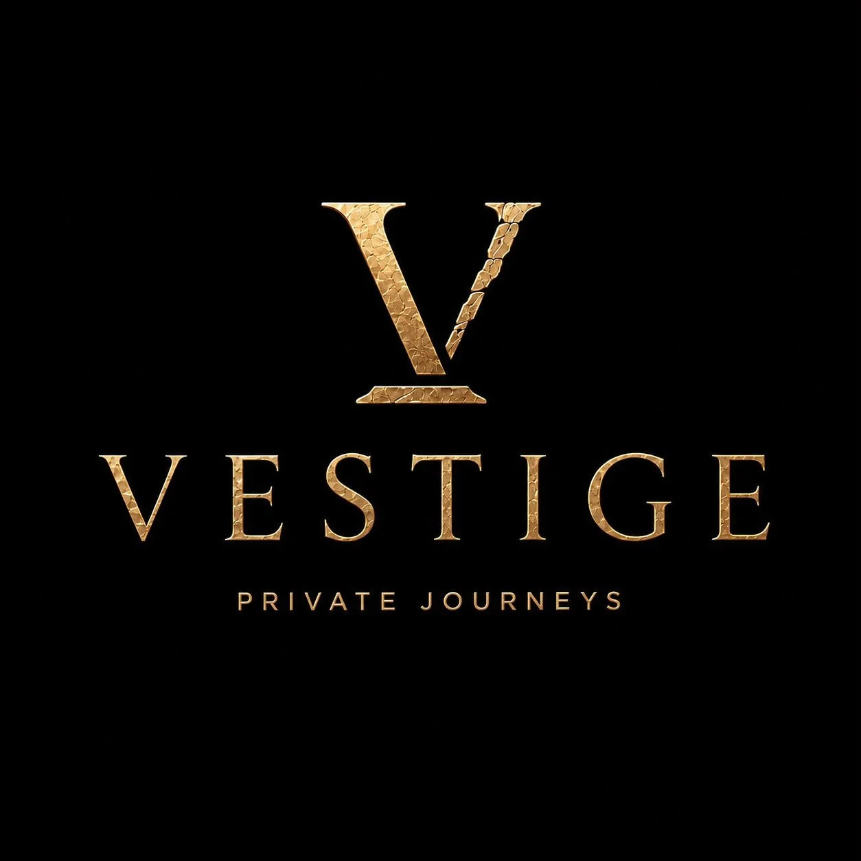 A black background featuring a gold, textured letter V and a smaller V above it, with the word 'VESTIGE' written below in gold, and the subtitle 'PRIVATE JOURNEYS' underneath.