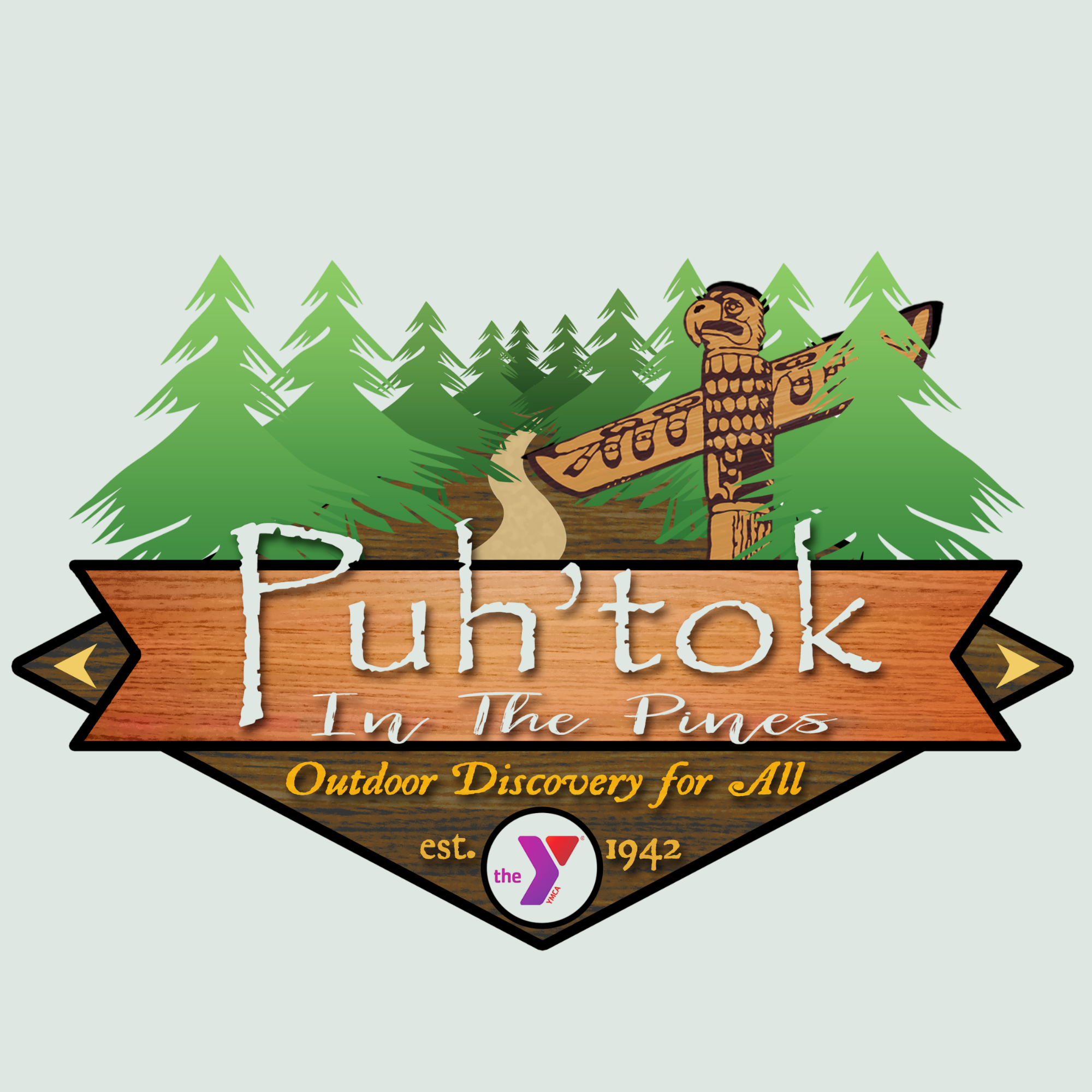 A logo for a park in the Pines with a forest of pine trees, a wooden sign with the park's name, and a lion figure on a signpost. The text includes 'est. 1942' and promotes outdoor discovery.