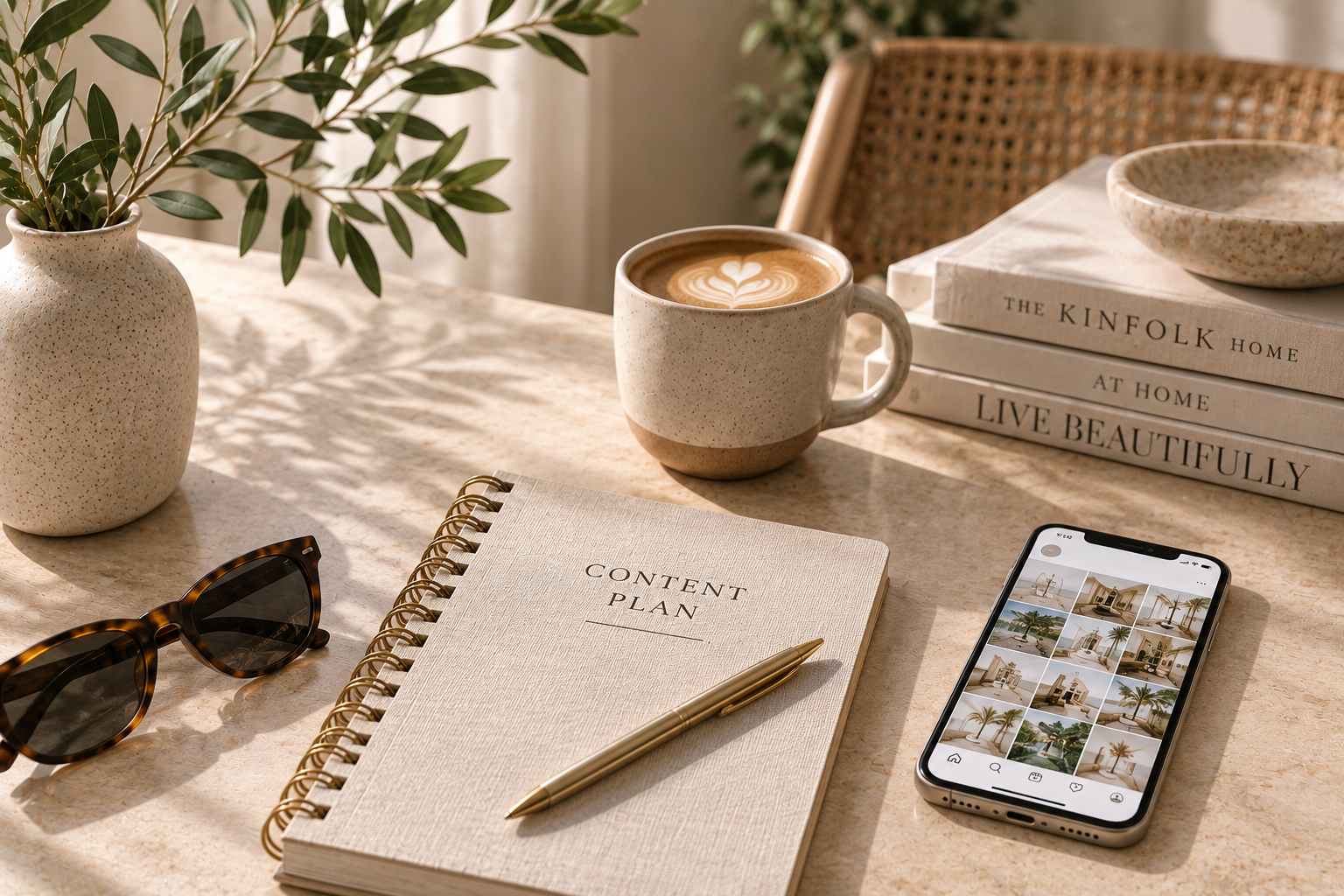 A table with a potted plant, sunglasses, a spiral notebook titled 'Content Plan' with a gold pen, a smartphone displaying a photo gallery, a cup of coffee with latte art, stacked books titled 'The Kinfolk Home,' 'At Home,' and 'Live Beautifully,' and a small empty bowl in the background.
