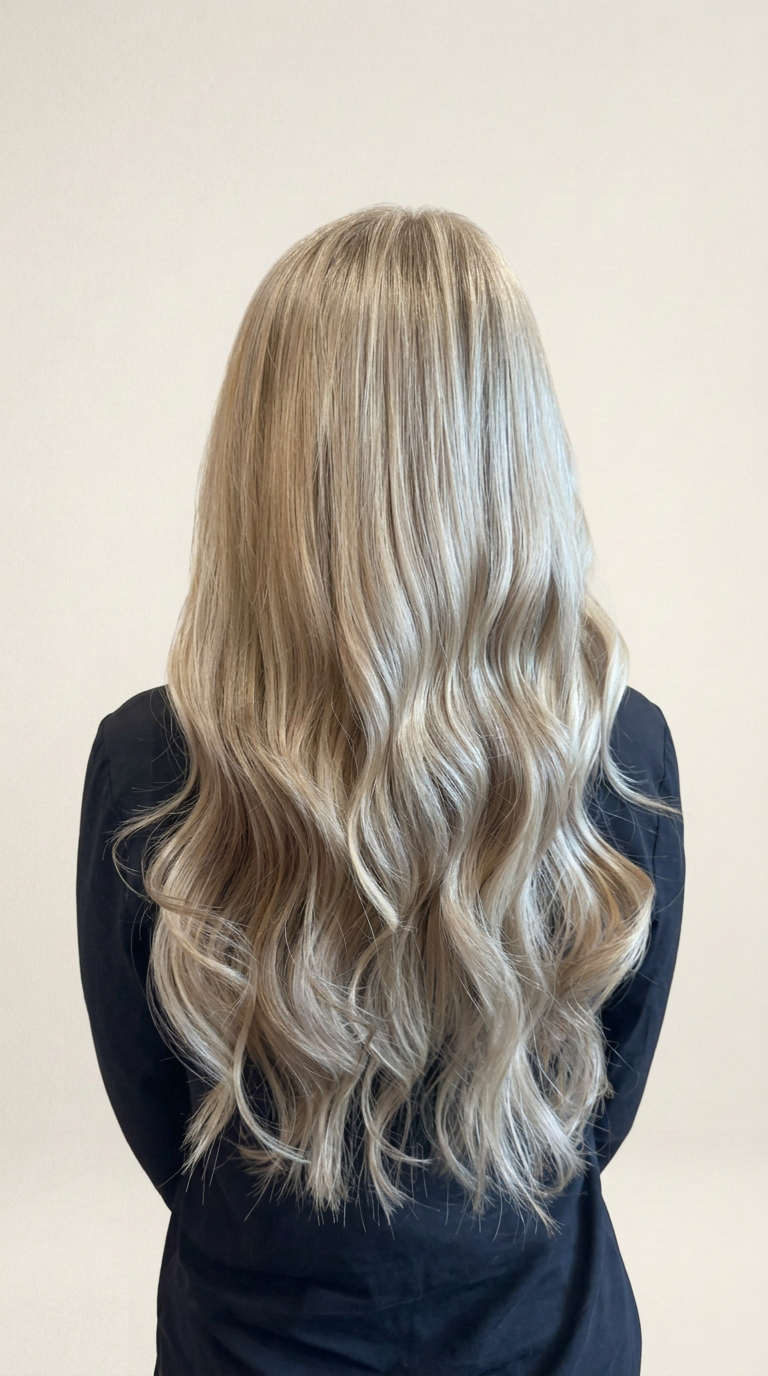 Back view of a woman with long, wavy blonde hair, wearing a black top.