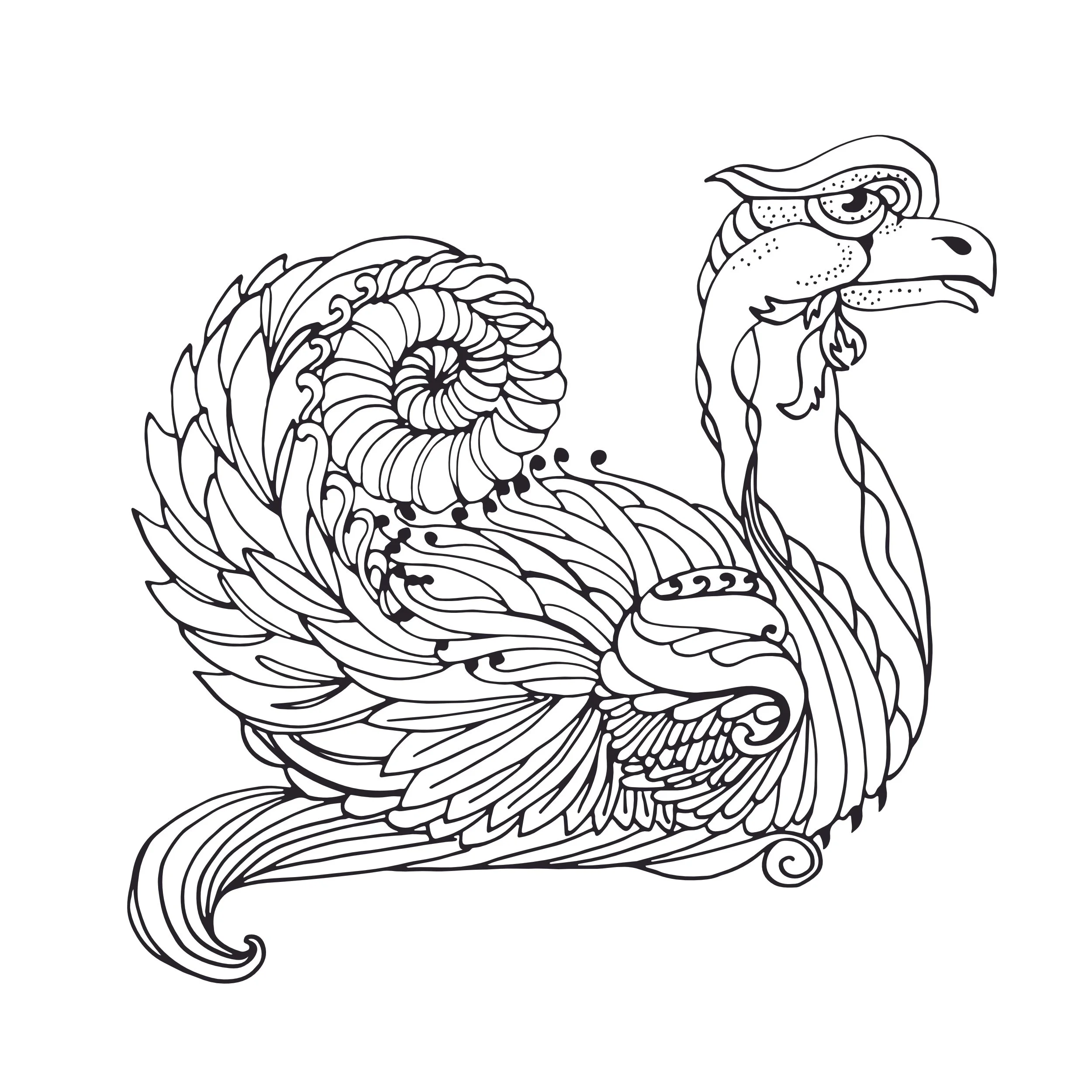 Line drawing of a stylized spiral shell on the left and a fierce bird-like creature on the right, both outlined in black on a white background.