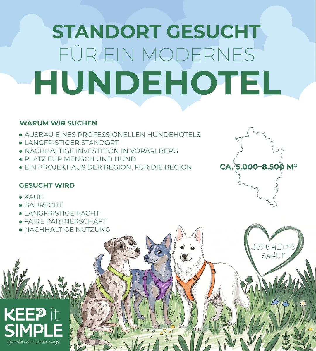 Poster advertising a modern dog hotel location search in Vorarlberg, Austria, with an outline map and three illustrated dogs sitting on grass, a green heart with the text 'JEDE HILFE ZÄHLT', and the company Keepitsimple.at logo in the corner.