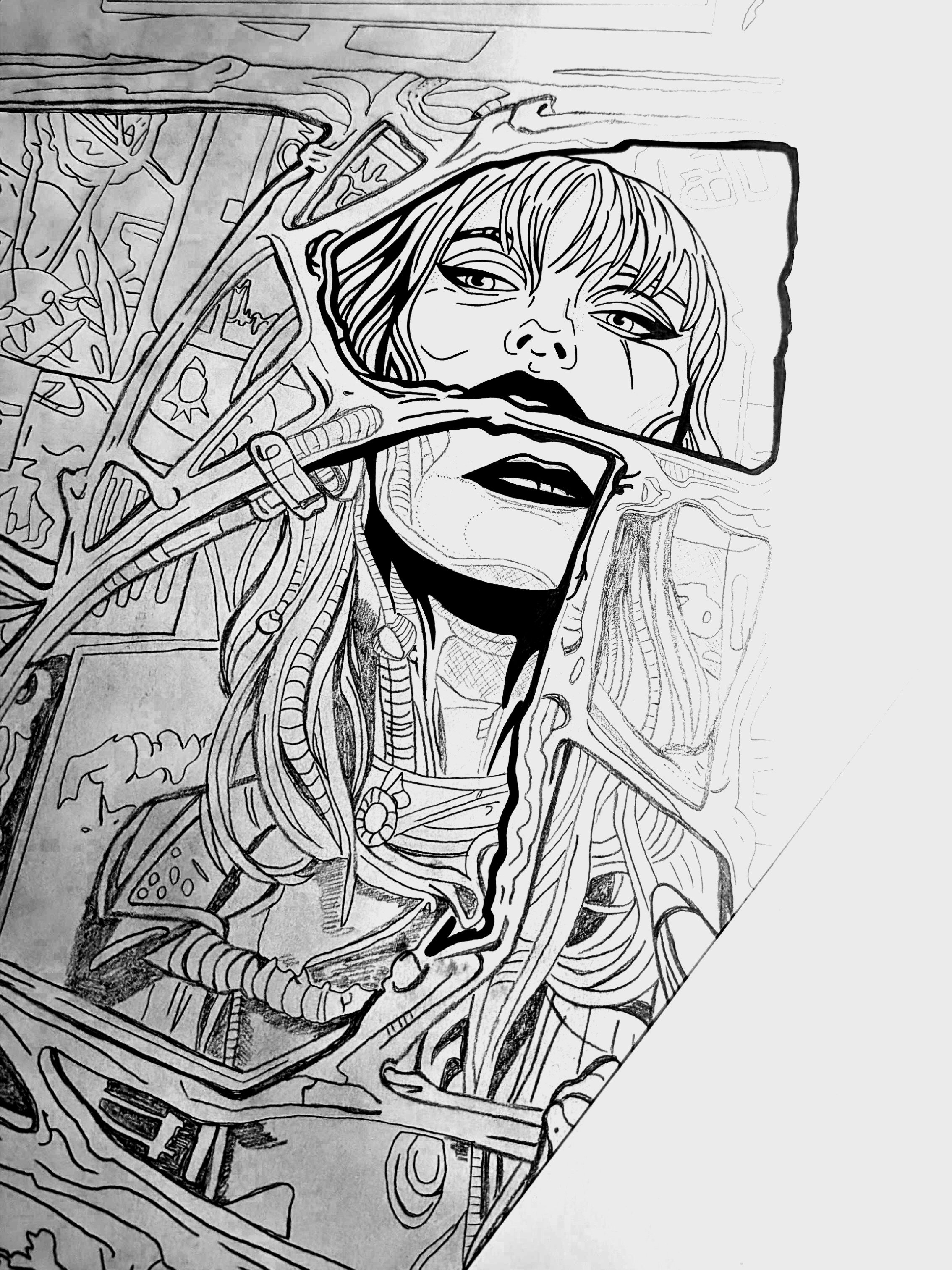 Fine liner black and white drawing of a woman looking into a mirror, surrounded by various objects and detailed patterns. Feminism, healthy mindset growth. Individuation. Healing woman.