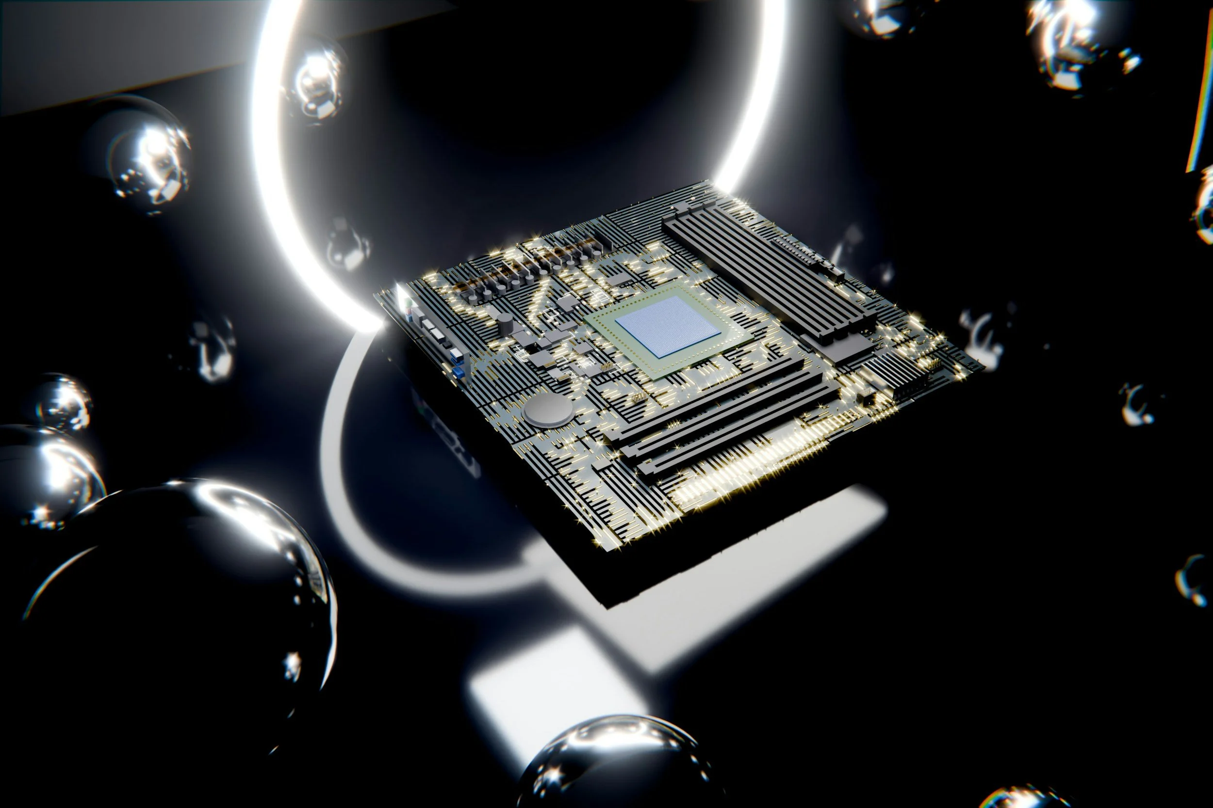Close-up of a microchip circuit board surrounded by reflective metallic spheres, with bright light reflections.