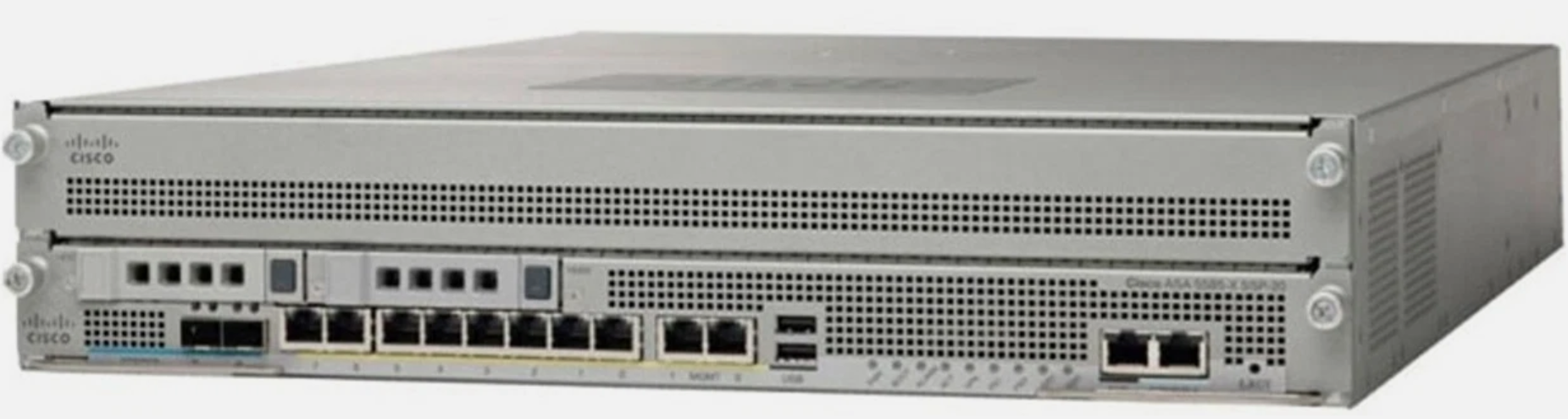 A silver Cisco ASA 5500-series network security appliance with multiple ports and ventilation holes.