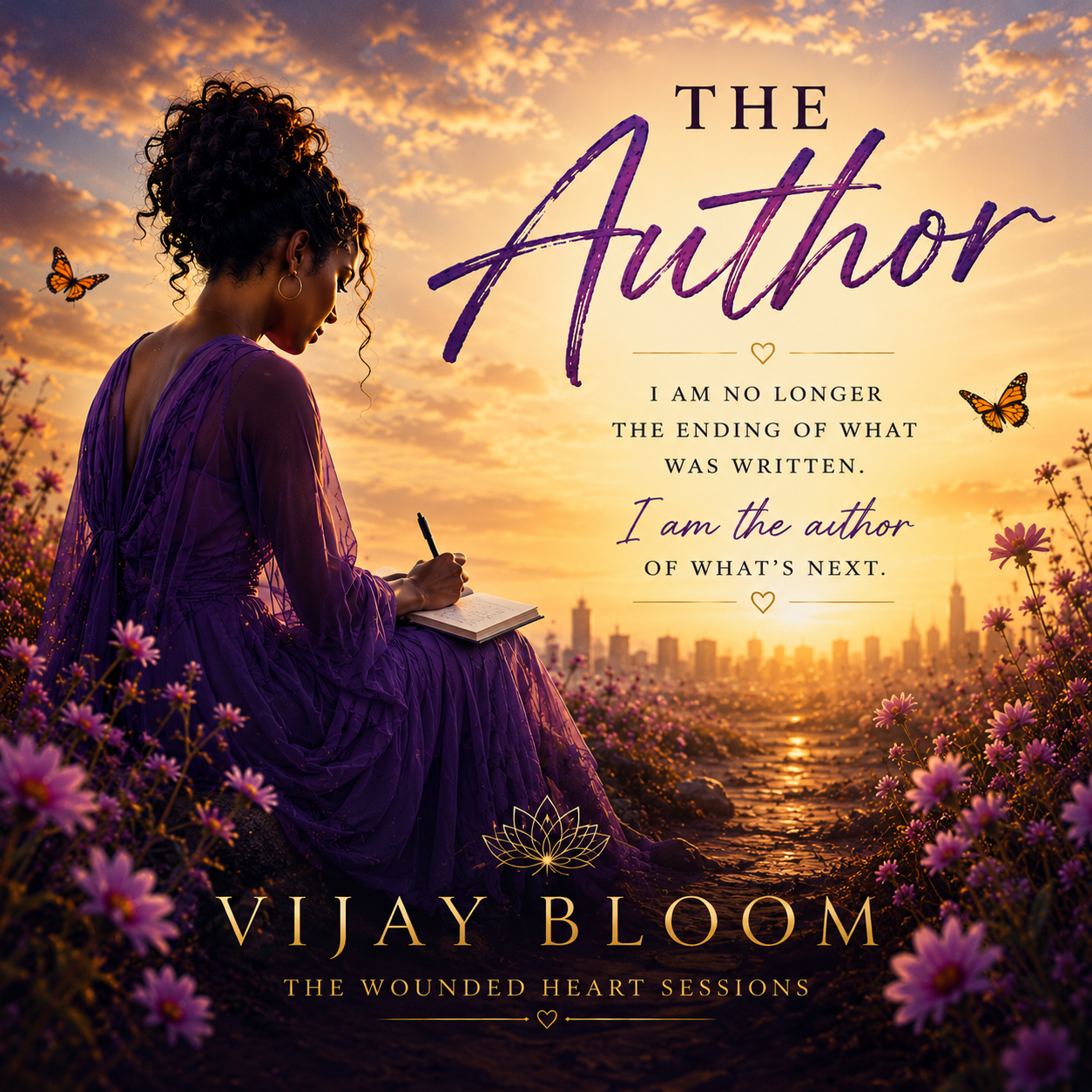 Official Vijay Bloom "The Author" album artwork featuring a woman writing in a journal at sunset, symbolizing reclaiming your story through faith and healing.