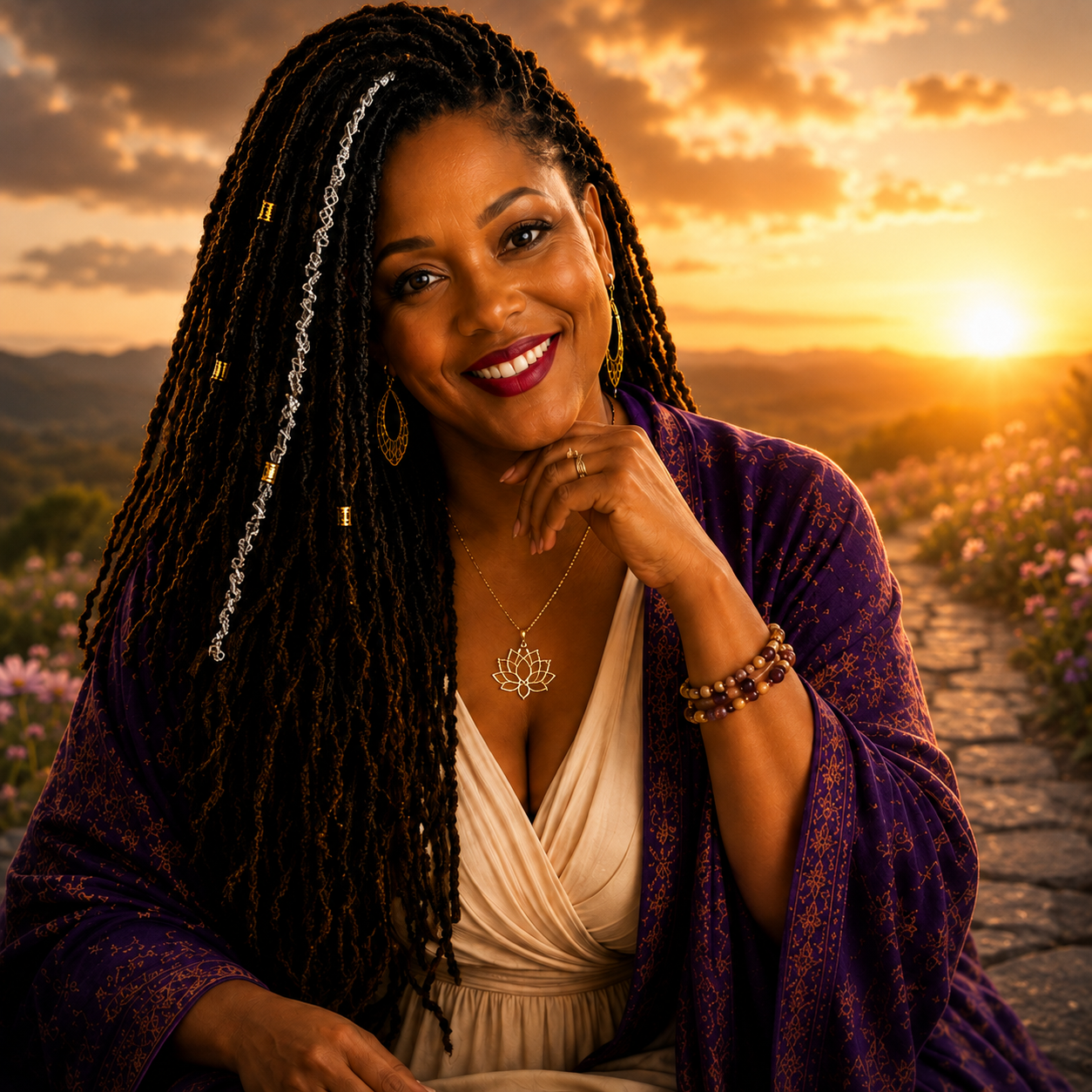 Official Vijay Bloom smiling at sunset in a field of pink flowers, wearing a purple embroidered shawl, gold jewelry, and a lotus pendant.