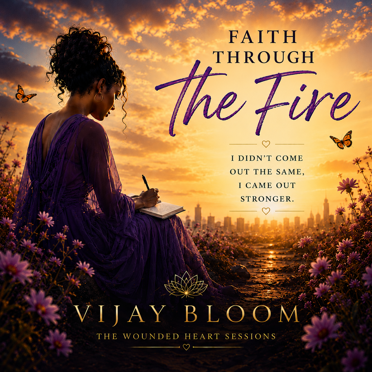 A woman with curly hair wearing a purple dress, sitting among pink flowers during sunset, holding a notebook and pen. The image has inspirational text about faith and strength, with a cityscape silhouette in the background.