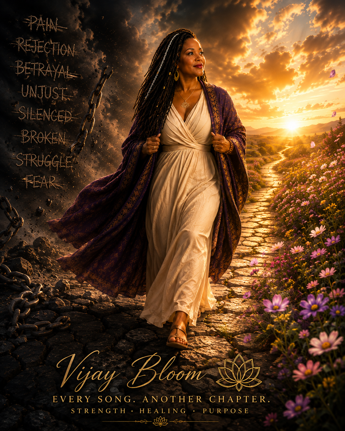 A woman walking on a cobblestone path through a field of flowers at sunset, with dark clouds and chains on the left side and a list of words like pain, rejection, betrayal, injustice, silenced, broken, struggle, fear. The text at the bottom reads "Vijay Bloom" and "Every song. Another chapter. Strength. Healing. Purpose."