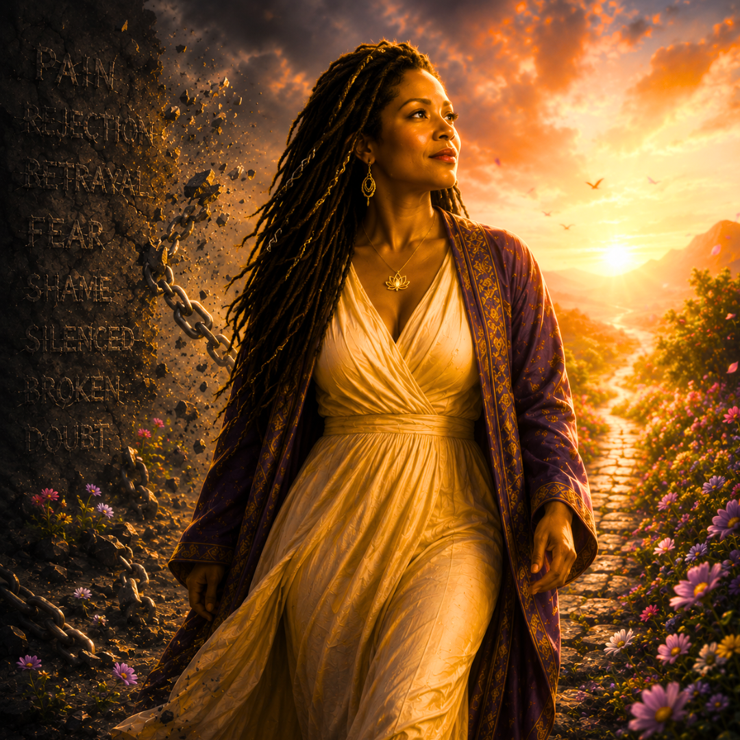 Official Vijay Bloom walking along a flower-lined path at sunset, wearing a cream dress and purple shawl, symbolizing hope, healing, and new beginnings.