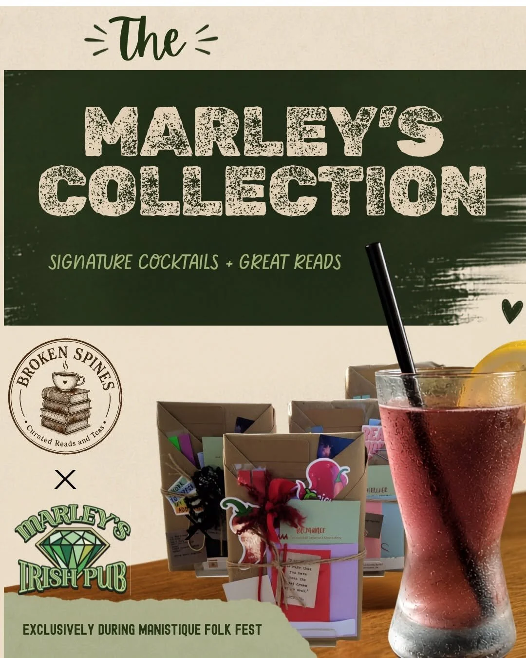 Poster promoting 'The Marley’s Collection' featuring signature cocktails and great reads, with a logo of Broken Spines Books and Marley's Irish Pub.