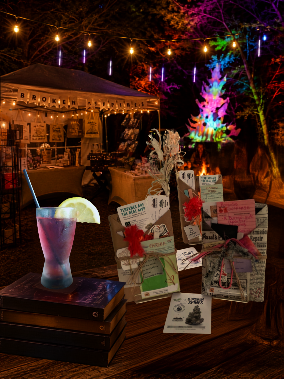Night scene at an outdoor event with string lights and colorful tree projection. A table displays books, wrapped books. A purple cocktail with a lemon wedge is on a stack of books in the foreground.