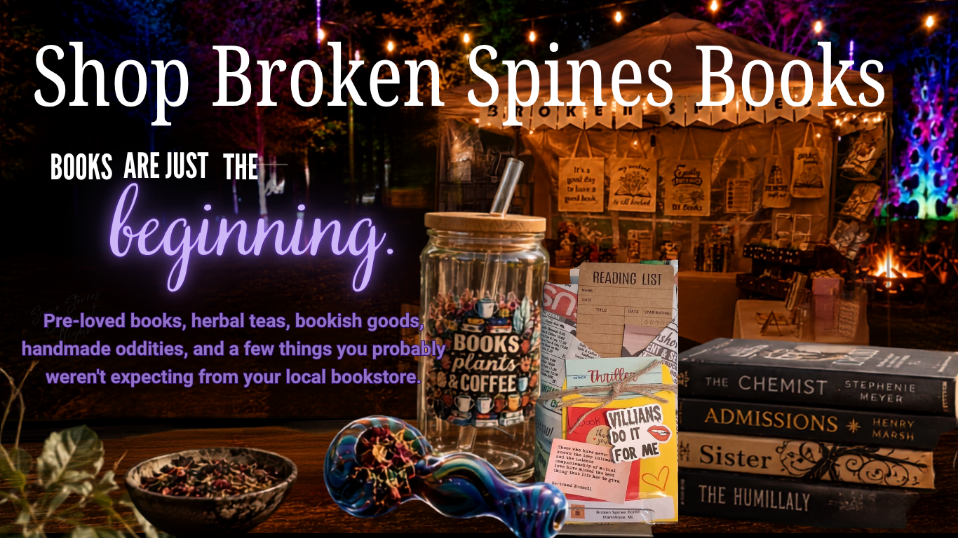 A promotional image for Broken Spines Books featuring a nighttime outdoor scene with string lights, a tent, and book displays. There are books, a reading list, herbal teas, and a glass jar filled with colorful objects on a wooden table, highlighted by purple and orange lighting.