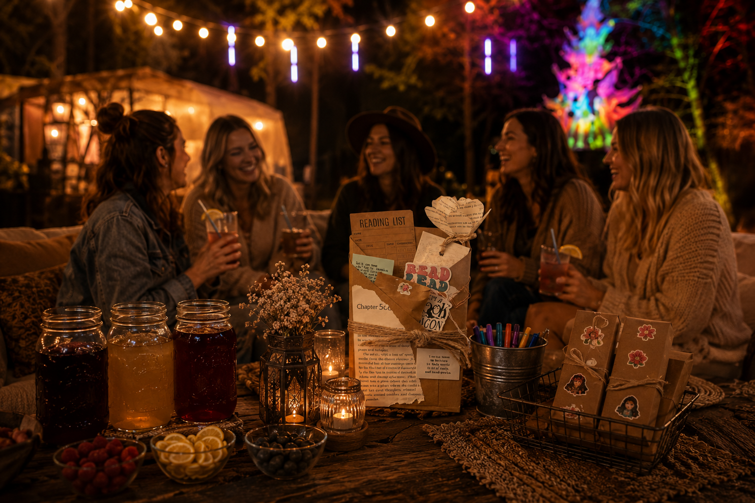 Group of five women sitting around a table outdoors at night, celebrating with drinks and snacks, under string lights with colorful illuminated trees in the background.