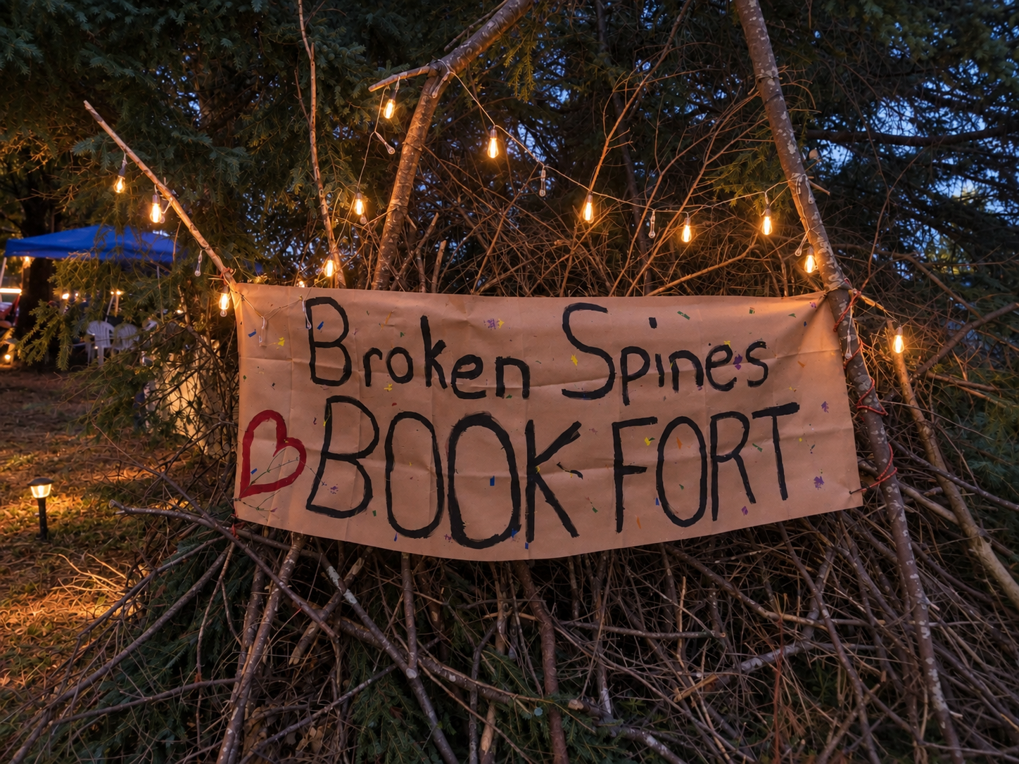 A handmade sign hanging with the words 'Broken Spines, Broken Heart, Book Fort' written in black marker on a brown paper sheet, decorated with colorful sprinkles and a red heart. The sign is attached to a structure made of branches and twigs, with st