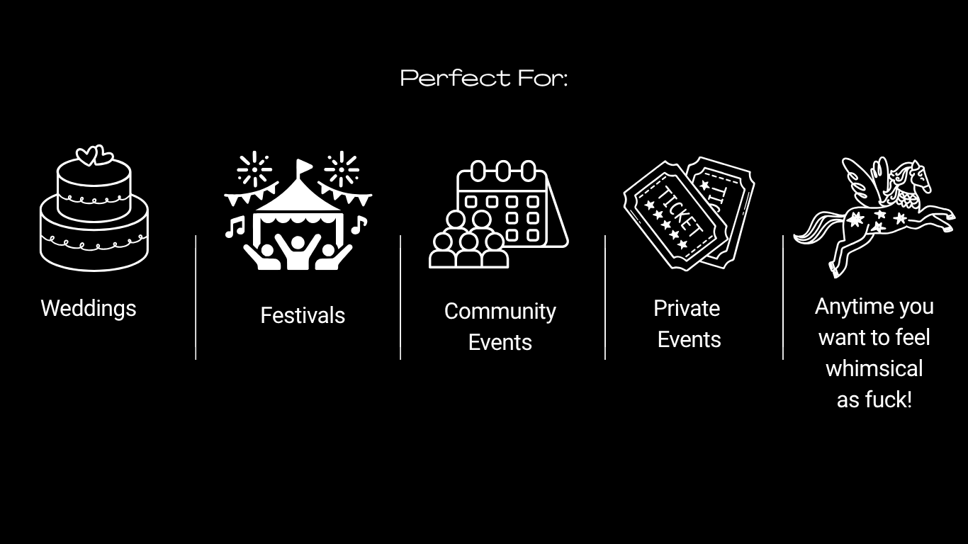 A black background graphic with white icons and text promoting events for weddings, festivals, community and private events, and whimsical feelings.