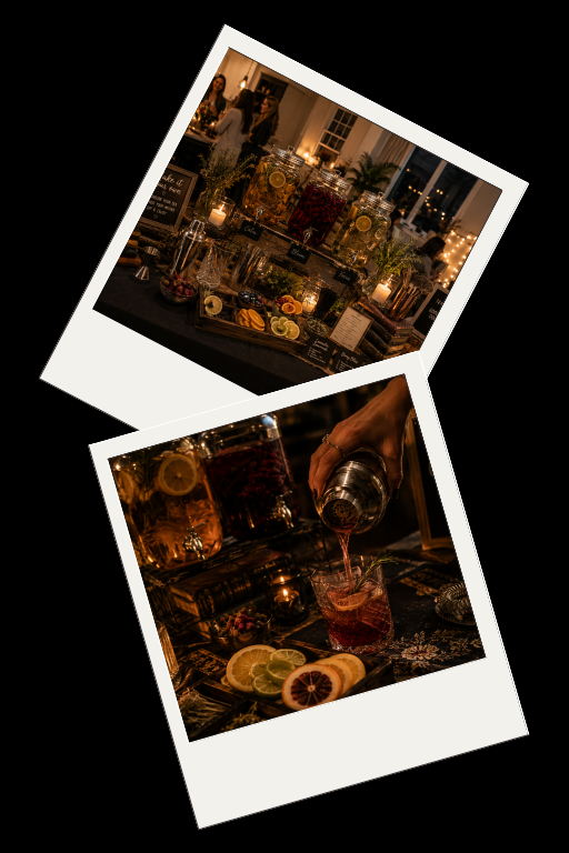 A display of colorful infused tea bottles with lemon, lime, and berry slices at a social event. A bartender pours a drink into a glass with lemon and berry garnishes, set on a table with candles and decorative items.