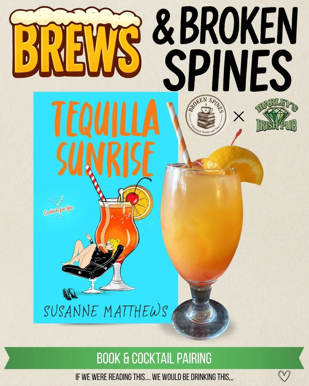 Book and cocktail pairing featuring Tequila Sunrise by Susanne Matthews with a classic Tequila Sunrise cocktail garnished with orange. Pairing by Broken Spines Books.