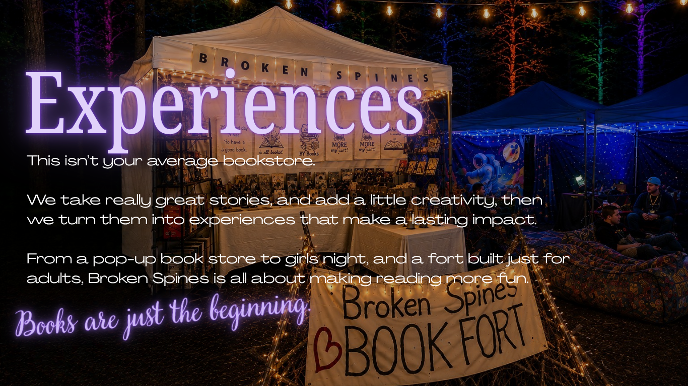 Broken Spines Books pop-up bookstore and cozy Book Fort at a nighttime event, showcasing our creative bookish experiences across Michigan’s Upper Peninsula.