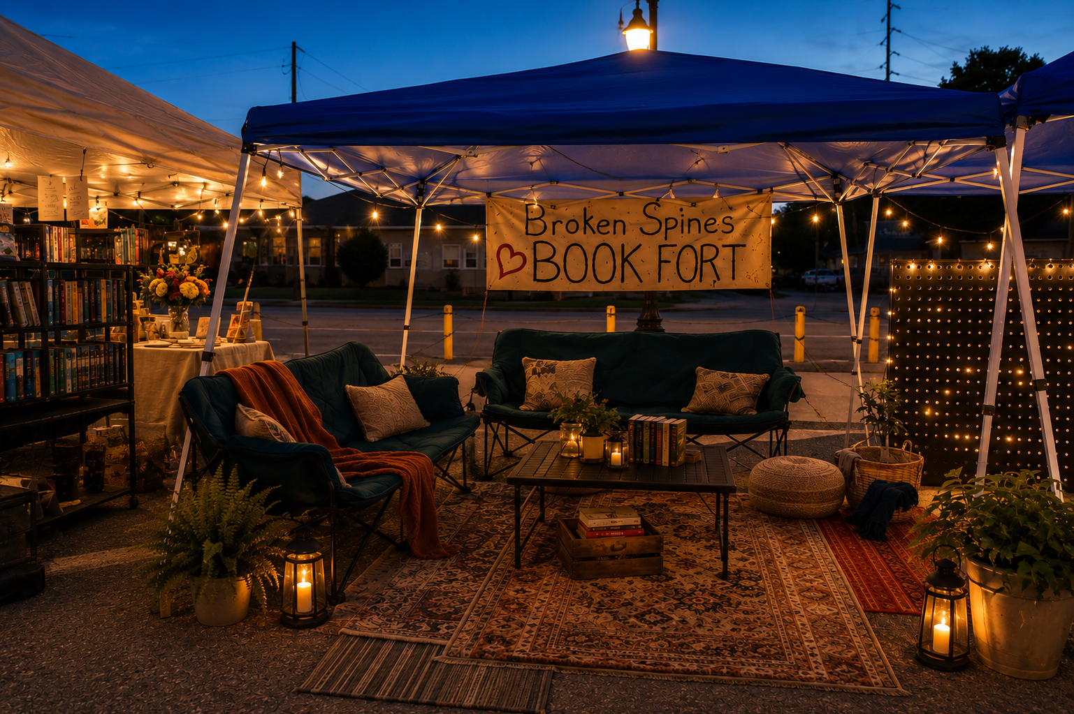 Nighttime outdoor book fair called "Broken Spines Book Fort" with tents, sofas, a bookshelf, books, candles, and string lights.