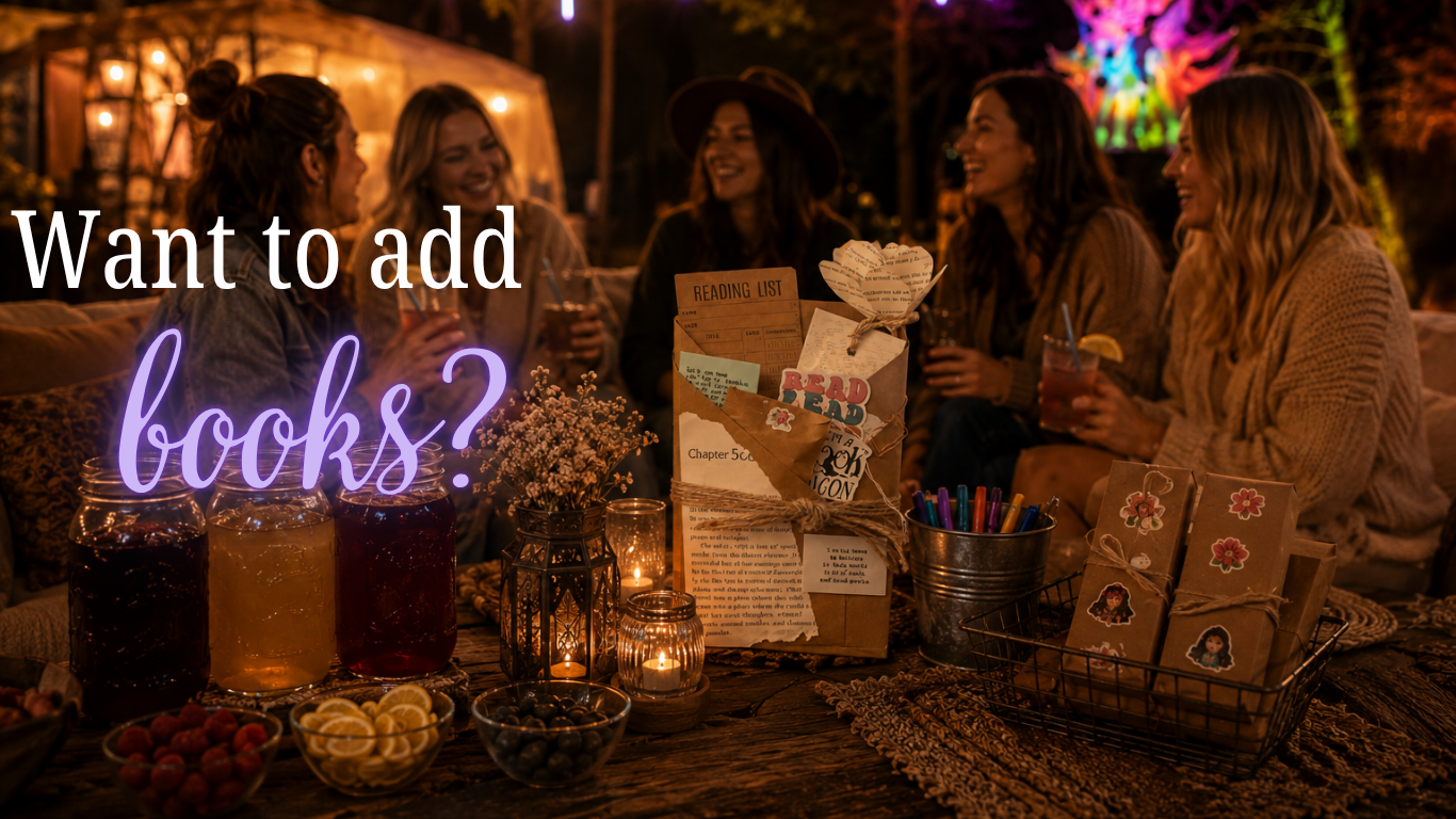 A group of five women sitting around a table outdoors at night, smiling and talking, with drinks and snacks, illuminated by string lights and a neon sign in the background. Text on screen says "Want to add books?"
