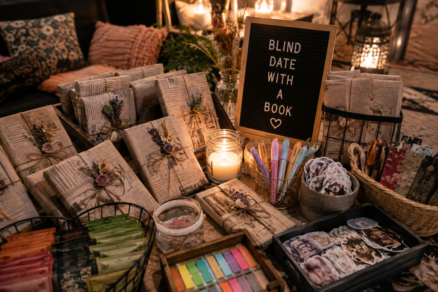 A table decorated with wrapped books, colorful markers, stickers, and a candle. A sign reads 'Blind Date with a Book'.
