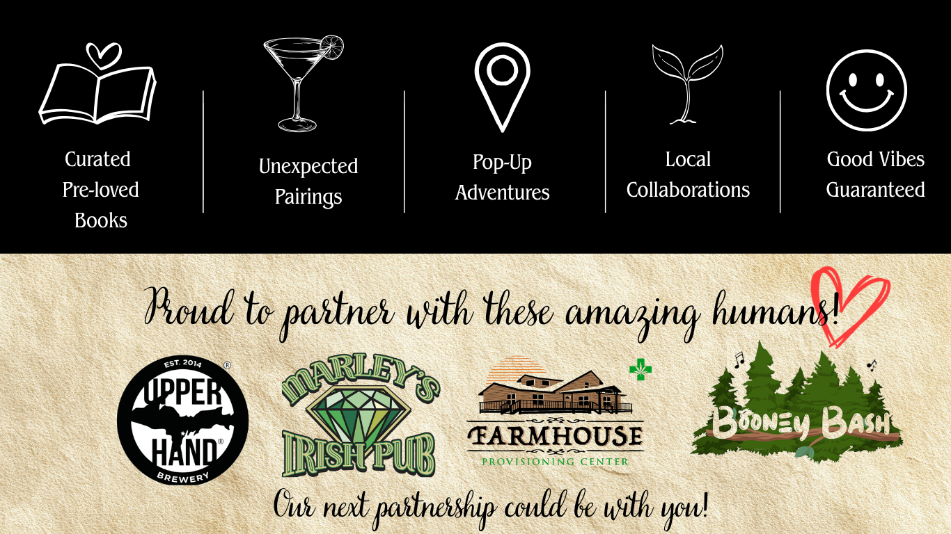 A promotional banner for a partnership with several local businesses, including Upper Hand Brewery, Marley's Irish Pub, Farmhouse Provision Center, and Boney Bash. The background has a textured beige appearance with handwritten-style text, and the top section features icons and phrases about curated books, unexpected pairings, pop-up adventures, local collaborations, and guaranteed good vibes.