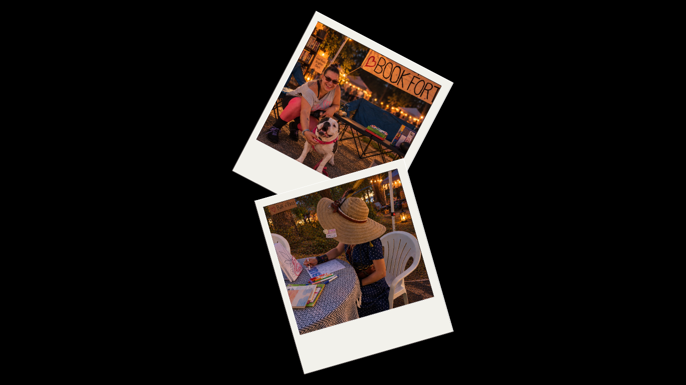 Two photos of a woman and a dog at an outdoor event. In the top photo, the woman is kneeling next to her dog at a booth with a sign that says 'BOOK FOR' in a park at night. In the bottom photo, the woman is sitting at a table, wearing a wide-brimmed hat, drawing or writing on paper.