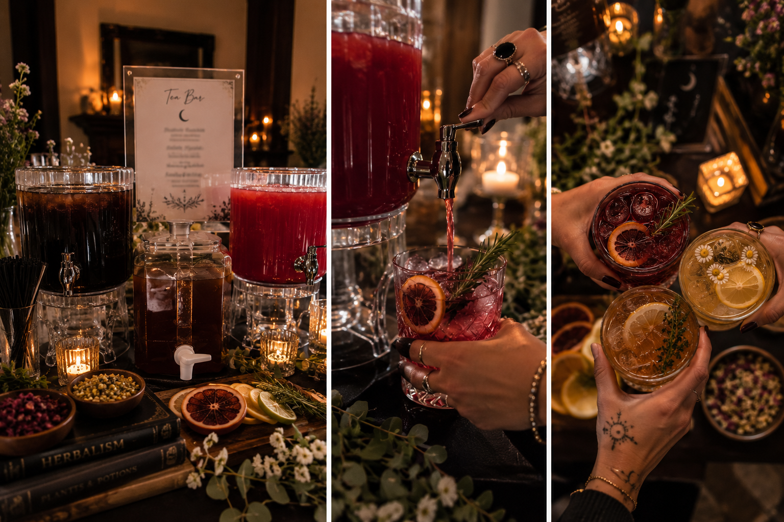 A drink station with various beverages, including infused Tea and cocktails, set in a cozy, dimly-lit space decorated with candles, flowers, and herbal books.