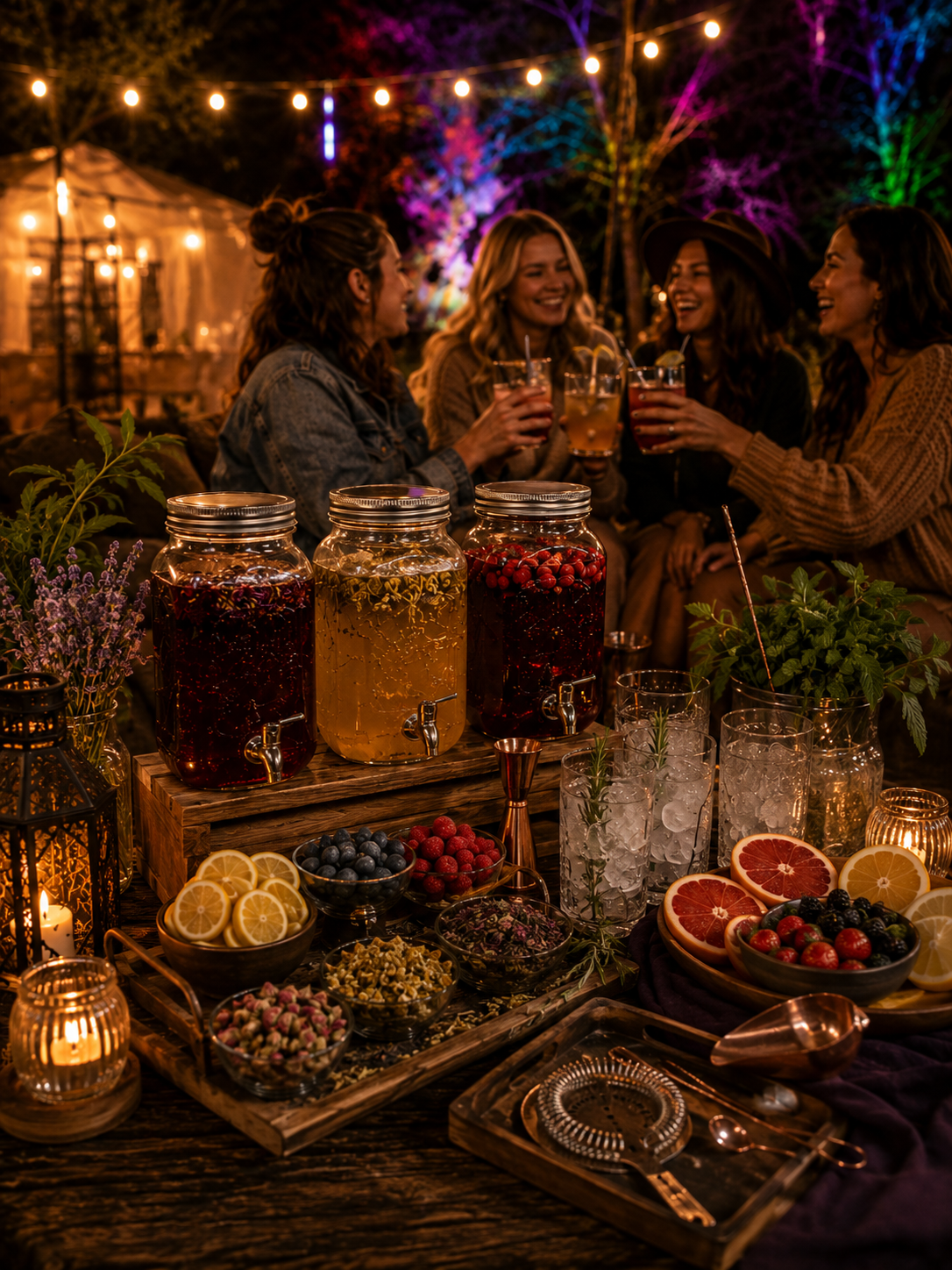 Four women at a nighttime outdoor gathering, smiling and holding drinks, with string lights overhead and a table filled with colorful fruit, herbs, and beverage jars in the foreground.