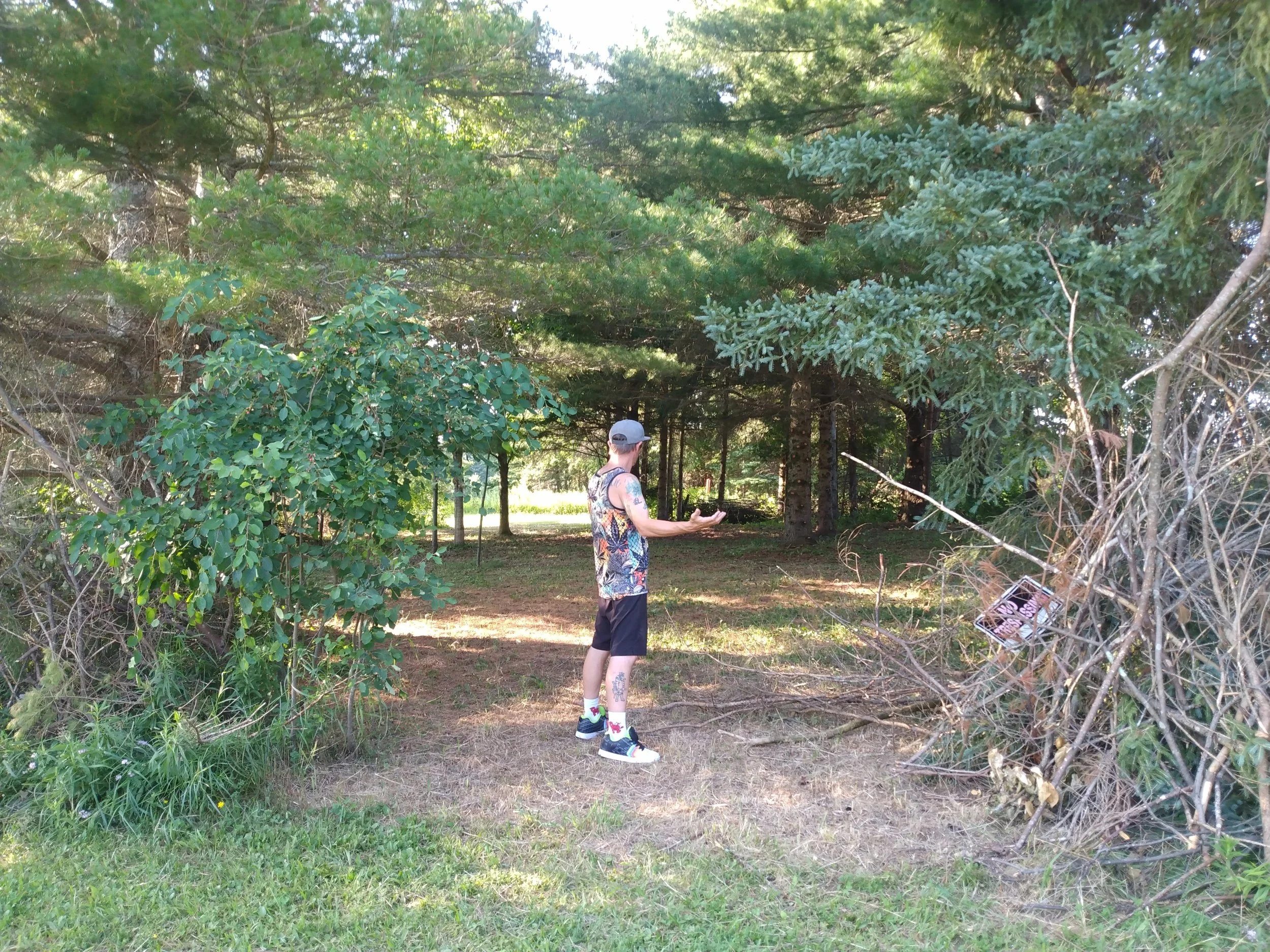 A man in shorts and a tank top stands inside of a wooded area of trees.