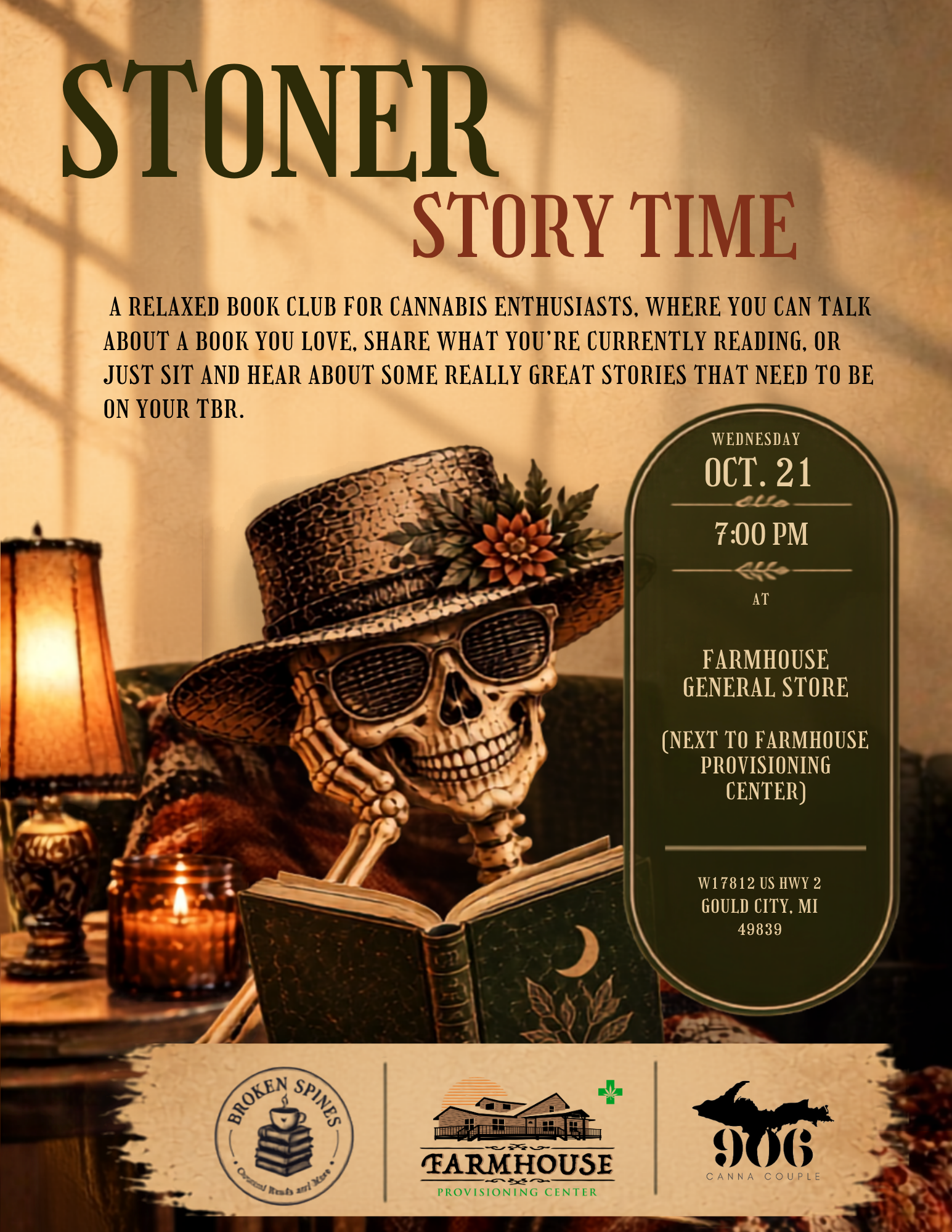 A flyer for Stoner Story Time a book club for cannabis enthusiasts