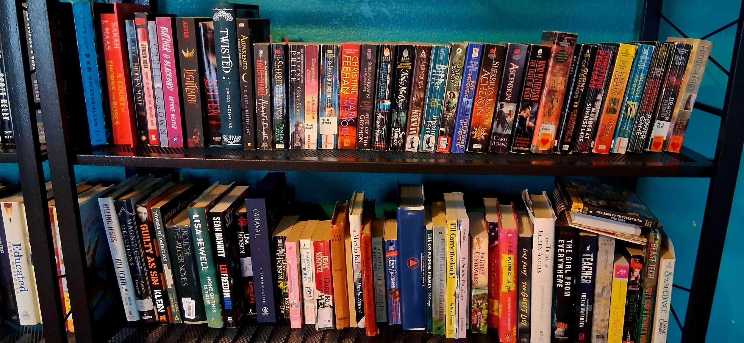 A black metal bookshelf filled with various colorful books in an indoor space.